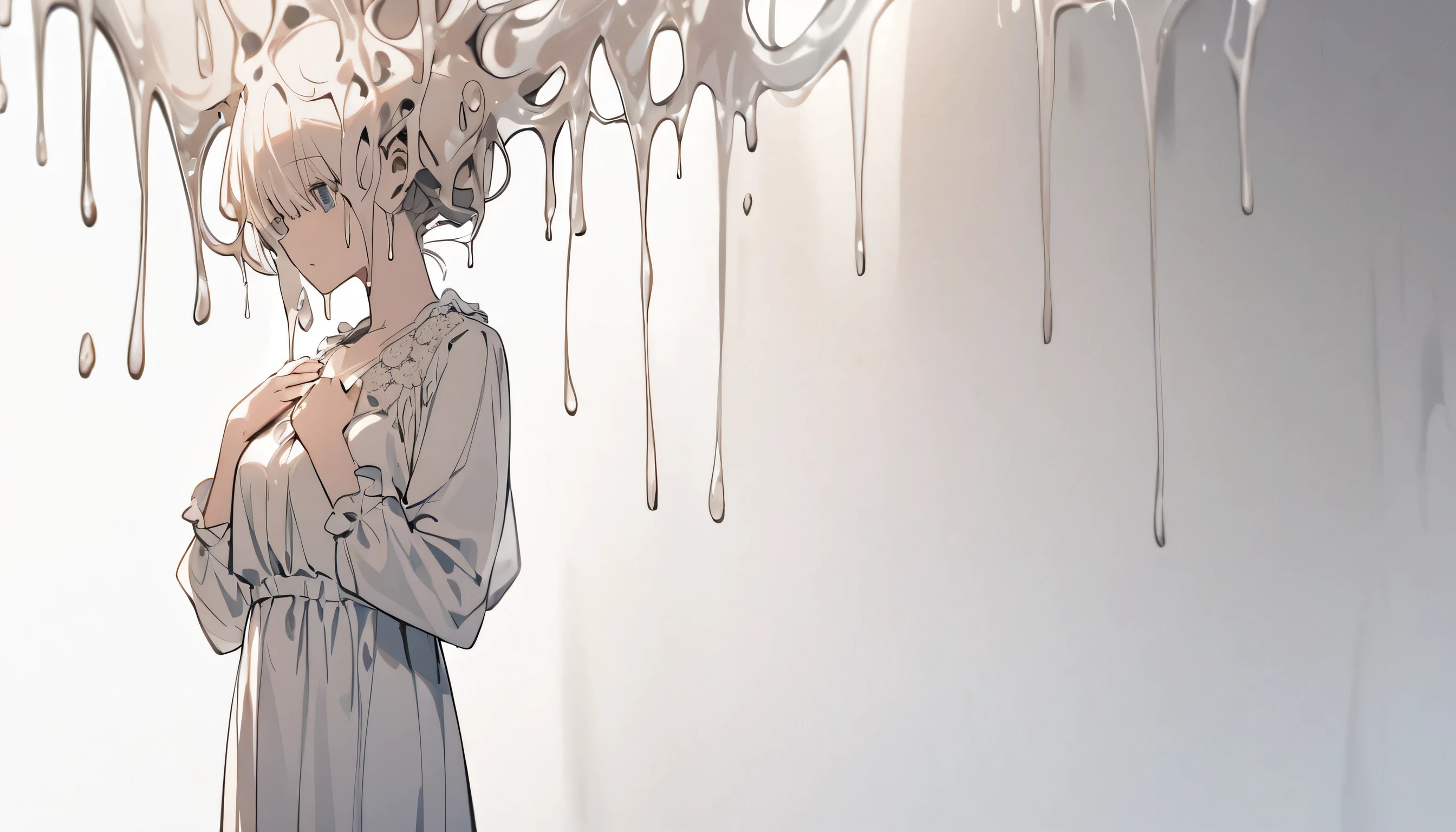 A woman with a liquid upper body、 My head is melting, Liquid Head, alone,stop temporarily, whole body, blouse,Pure white room、Place your hands on your chest、Hold the mobile、There's a knife stuck in my chest、There is a book embedded in his right shoulder.