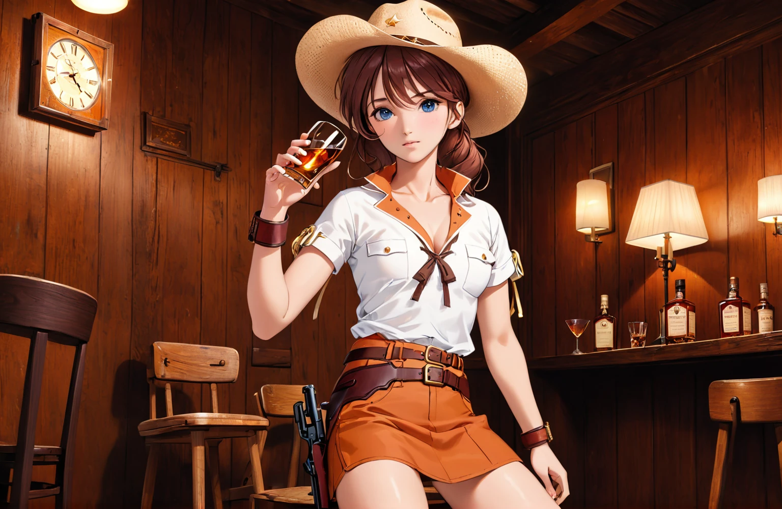 (((NSFW:1.8))),((Nude:1.8)))(((1 person:2.0))),(((naked:1.8))),(((Slim body:1.8))),(((Brown gun belt with holster:1.8))),((Brown cowboy hat:1.8)),((Wear a metal watch on your wrist:1.8))),(((Showing cleavage))),(((Exposed thin inner thighs))),(((Small breasts:1.5))),(((nakedの腕))),(((Her hair is brown))),((Blushed:1.2)), Beautiful detailed girl, Very detailed目と顔, 緻密でBeautiful Eyes, Very detailed, High resolution, Highest quality, masterpiece, Very detailed, 8k wallpaper, wonderful, finely, Highest quality,(Standing in front of a wooden wall),Beautiful Eyes,((Engage your audience:1.2)),(((Full Body Shot:1.8))),((Are standing:1.2)),((Put your right hand on your chest:1.2)),((Whiskey in left hand:1.4)),(((Drunk:1.5))),(((Drunk face:1.0)))