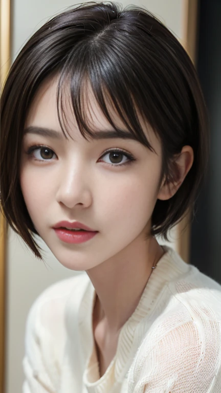 (masterpiece:1.3), (8K, Realistic, RAW Photos, Highest quality: 1.4), (One girl), Beautiful Face, (Realistic Face), (Black Hair, short hair:1.3), Beautiful hairstyle, Realistic eyes, Beautiful attention to detail, (Realistic Skin), Beautiful Skin, (sweater), Absurd, Charm, Ultra-high resolution, Ultra-realistic, Very detailed, Golden Ratio
