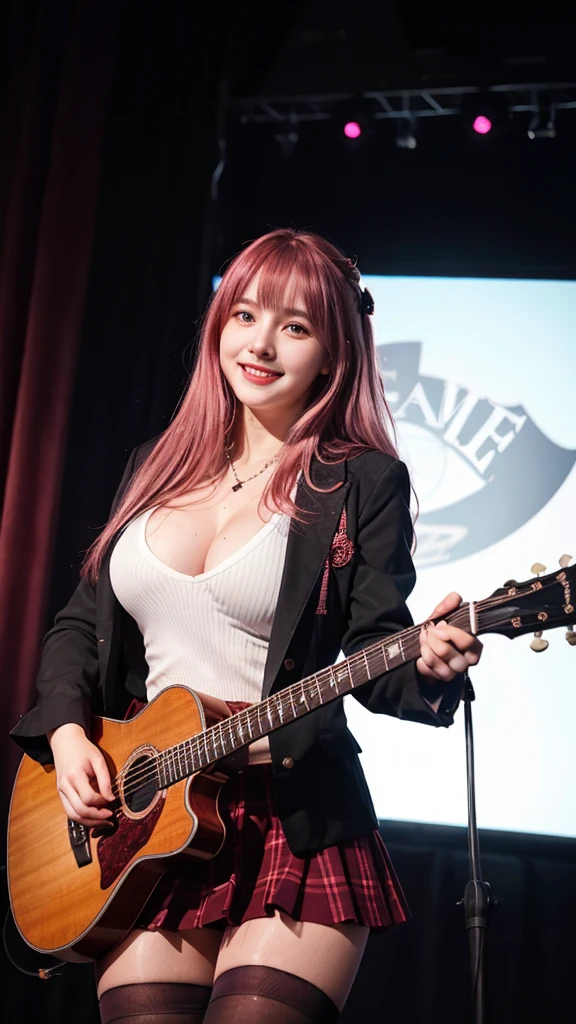 ((best quality)), photorealistic, photorealism, Photorealistic, high resolution, school girl blazer、 uniform、Red checked knee-length skirt、Long skirt、JK Style、Jacket、smile、Knee-high socks、Thigh-high socks、pantyhose、A superb beauty、Super cute、ennui、Rare beauty、pony tail hair、Black Dark Eyeshadow、Sad、white skin、pale skin、Long hair straightener、Dark Gothic Makeup、Cute Smile、Fragrant beauty、Stained glass background、Mastepiece、Best Quality、Refers to 5 books、Sweat glistening on my chest、Sweat glistening on my face、Large breasts、Dark pink hair、Age 18 years old、Mysterious look、A sad expression、Blonde Hair、mysterious gothic church、enchanting castle、Sweating profusely all over the body、A lot of sweat and light on the thighs、Shiny thighs、Plenty of sweat glistening on the thighs、A large amount of sweat glistens on my thighs、Sweating profusely、Gal、Large breasts、beautiful face、Alluring expression、Thin thighs、Playing guitar、I have a guitar、Sing a song enthusiastically、Playing guitar in a band、Playing guitar chords、Live House Background、Sing a song、Open your mouth、Live house scenery、Mike stand、Glamorous live stage、Dynamic Angle、cinematic lighting