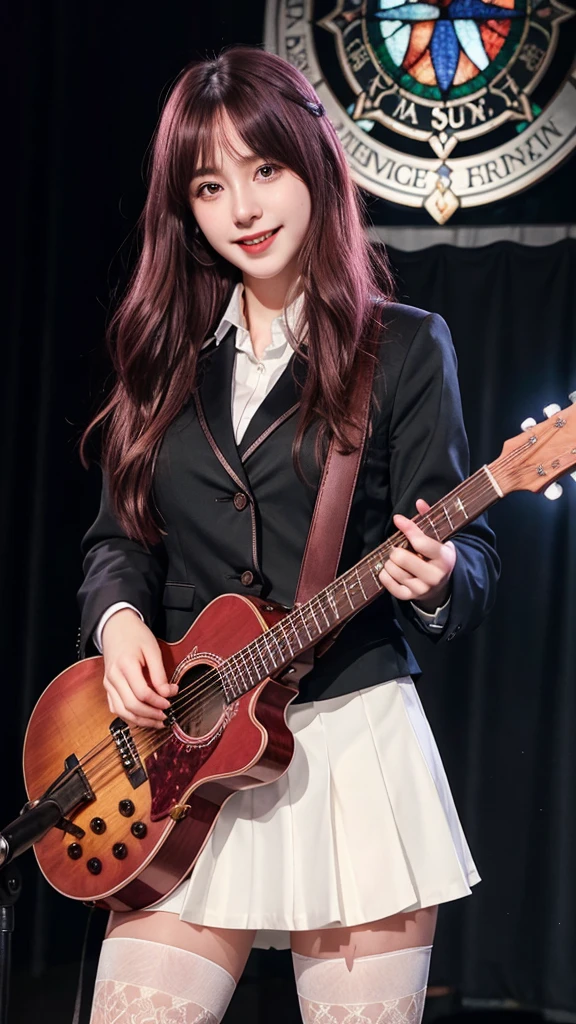 ((best quality)), photorealistic, photorealism, Photorealistic, high resolution, school girl blazer、 uniform、Red checked knee-length skirt、Long skirt、JK Style、Jacket、smile、Knee-high socks、Thigh-high socks、pantyhose、A superb beauty、Super cute、ennui、Rare beauty、pony tail hair、Black Dark Eyeshadow、Sad、white skin、pale skin、Long hair straightener、Dark Gothic Makeup、Cute Smile、Fragrant beauty、Stained glass background、Mastepiece、Best Quality、Refers to 5 books、Sweat glistening on my chest、Sweat glistening on my face、Large breasts、Dark pink hair、Age 18 years old、Mysterious look、A sad expression、Blonde Hair、mysterious gothic church、enchanting castle、Sweating profusely all over the body、A lot of sweat and light on the thighs、Shiny thighs、Plenty of sweat glistening on the thighs、A large amount of sweat glistens on my thighs、Sweating profusely、Gal、Large breasts、beautiful face、Alluring expression、Thin thighs、Playing guitar、I have a guitar、Sing a song enthusiastically、Playing guitar in a band、Playing guitar chords、Live House Background、Sing a song、Open your mouth、Live house scenery、Mike stand、Glamorous live stage、Dynamic Angle、cinematic lighting