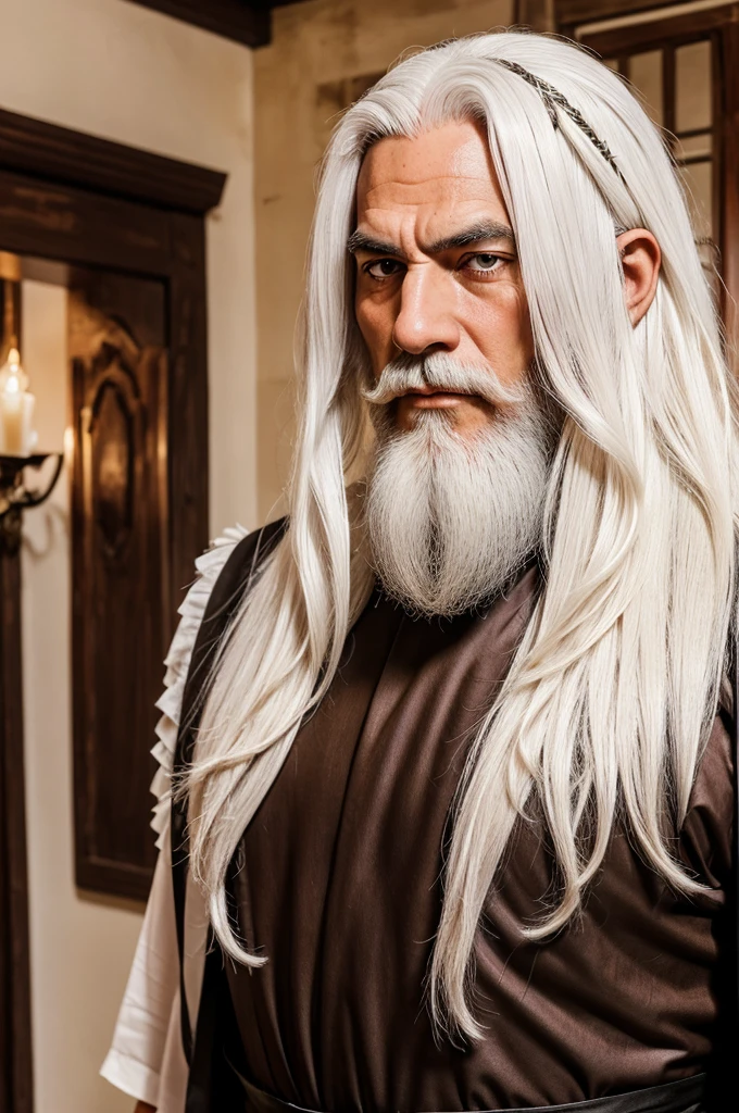 The old monk portrain with his olds dress with whitè long beard and white hair with attractive bron eyes with attractive brown bachrond in the room or else
