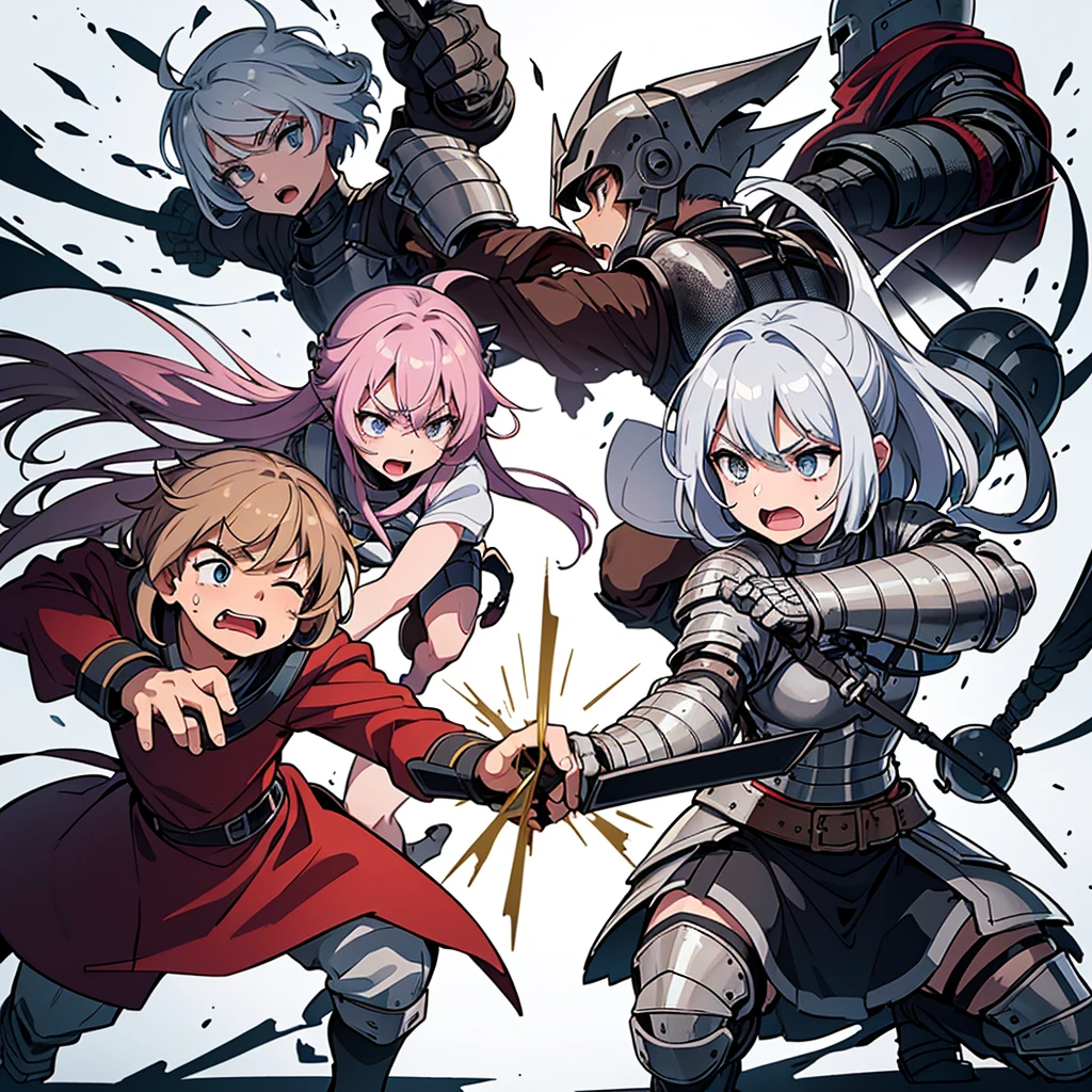 (Chibi Character)、((Full body character concept, Detailed character design、30 people))、Highest quality, Best Quality,Best illustrations、(((Iron Helmet))),Medieval Armor、Medieval Knight、Full grey armor、(((20-year-old male)))、(battle)、battlefield、Movement angle、Grab the sword、wasteland、(Fighting stance)、Run、dash、(((White background)))、(multiple)、early、(get annoyed、Open your mouth、Sweat、Various expressions)