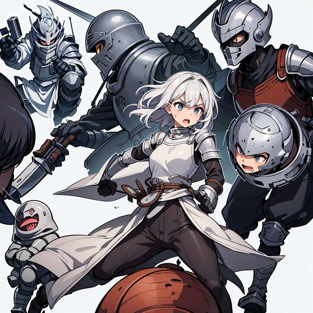 (Chibi Character)、((Full body character concept, Detailed character design、30 people))、Highest quality, Best Quality,Best illustrations、(((Iron Helmet))),Medieval Armor、Medieval Knight、Full grey armor、(((20-year-old male)))、(battle)、battlefield、Movement angle、Grab the sword、wasteland、(Fighting stance)、Run、dash、(((White background)))、(multiple)、early、(get annoyed、Open your mouth、Sweat、Various expressions)