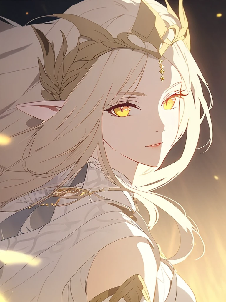 1woman, exquisite, artistic, elven, white princess, glowing yellow eyes, white blonde hair, elegant, arknight costume,