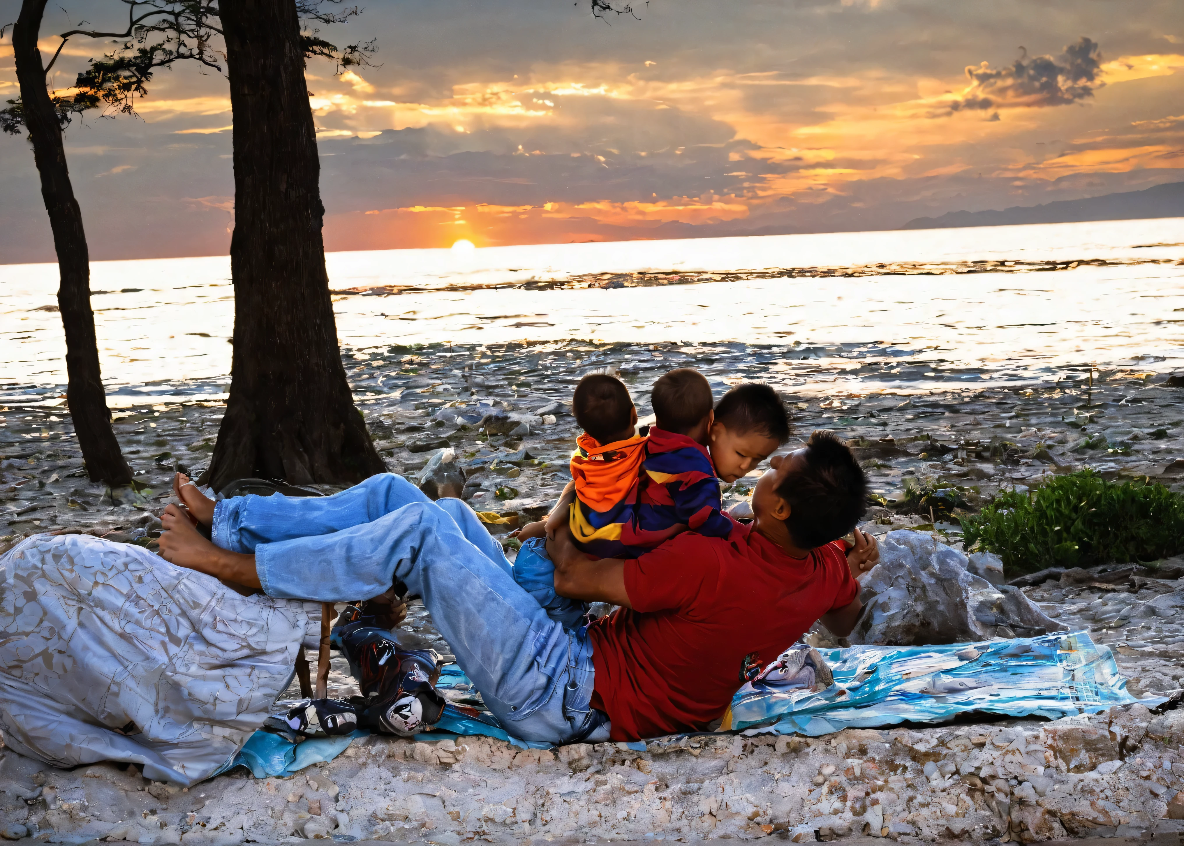 Under the sunset,A father and son,depend on each other,