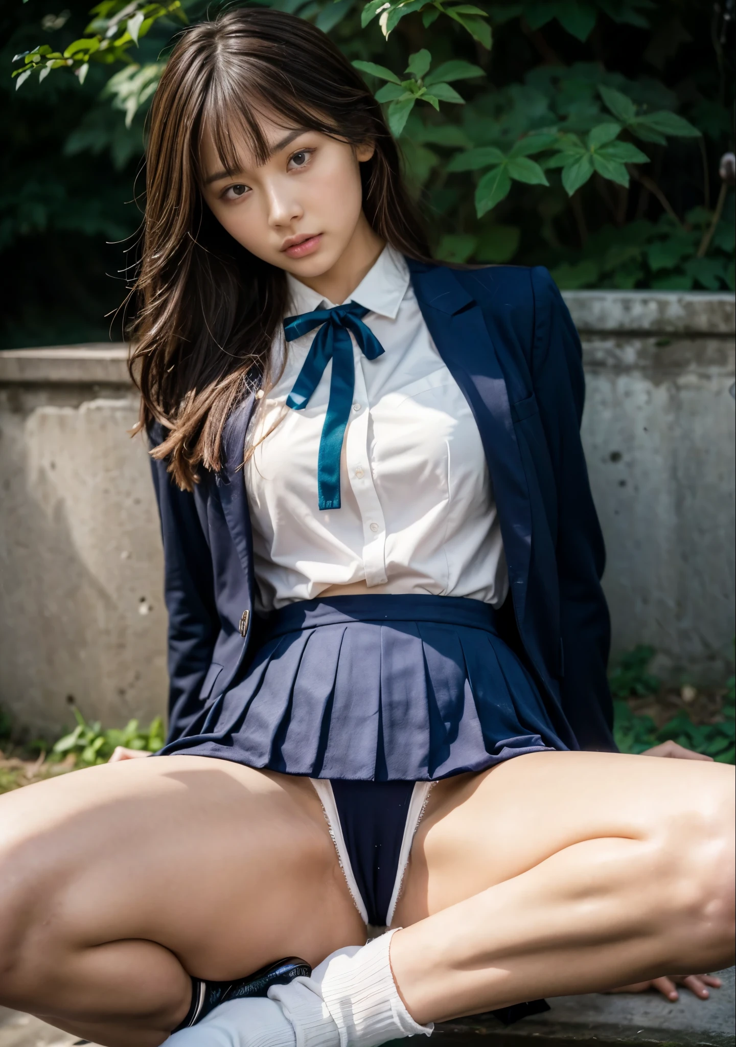 Highest image quality, 16K, ultra high definition, 8K, masterpiece, (CANON R5, F1.8, ISO100, 45 million pixels, 1/4000), one girl, solo, , JK, high school girl, medium long hair, Bangs, brown hair, double eyelids, long eyelashes, lower eyelashes, brown eyes, looking at the viewer, wearing a , white shirt, dark blue blazer, green uniform ribbon around the neck, shirt button open, pink A navy blue and white checked pleated skirt that shows off her bra, a miniskirt that barely covers the base of her thighs, slender arms, long, slender legs, navy socks, black loafer shoes, sitting on a park bench, full body shot. , looking down from below,