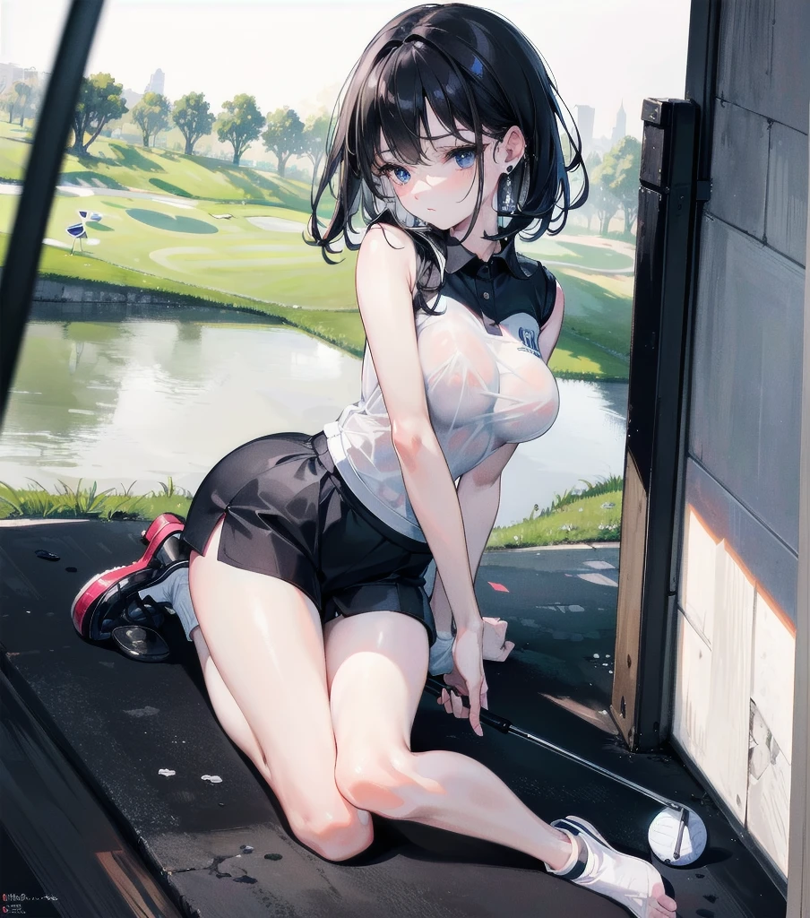 absurdres, RAW photo, extremely delicate and beautiful, masterpiece, Best Quality, ultra high resolution, 32k, hyperrealistic, ultra-detailed, in her 20s, delicate facial features, tearful mole, earring,  medium breasts, full body shot, shorter middle hair, black hair, solo, alone, 1girl,  (((golf uniform))), shorts, sleeveless,