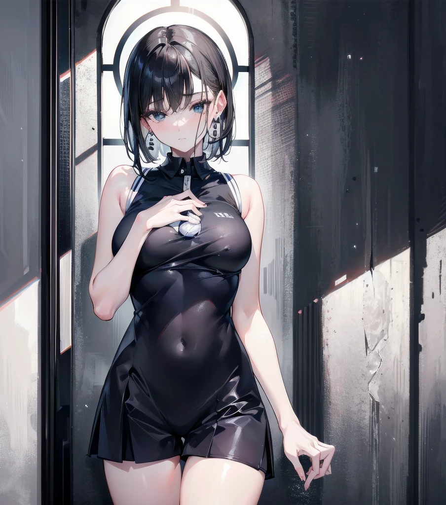 absurdres, RAW photo, extremely delicate and beautiful, masterpiece, Best Quality, ultra high resolution, 32k, hyperrealistic, ultra-detailed, in her 20s, delicate facial features, tearful mole, earring, medium breasts, full body shot, shorter middle hair, black hair, solo, alone, 1girl, (((golf uniform))), shorts, sleeveless,