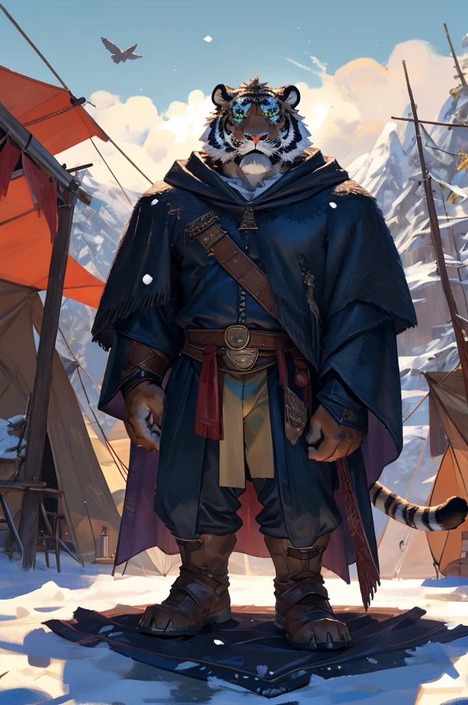 By taran fiddler, one male, solo, alone, tiger, looking at viewer, dad body type, one male tiger wearing a cloak, a cloaked tiger standing outside of a fabric tent, stern gaze on tiger, furrowed brows and serious expression, green pupils and white sclera, detailed facial expression, looking at viewer, going to open tent flap, outside of a tent, snowy background, dynamic angles, dynamic posing.