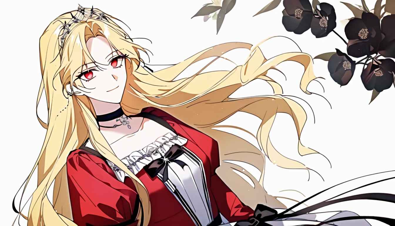 ((shoujo-style)), masterpiece, newest, floral background, romance manhwa, 1girl, blonde hair, solo, long hair, flower, dress, tiara, white dress, gloves, long sleeves, choker, red eyes, white gloves, black bow, black flower, wavy hair, bow, jewelry, looking at viewer, white background, collarbone, puffy sleeves, silver accessories, upper body, parted bangs, very long hair, red dress, frills, bangs, closed mouth, smile, cowboy shot, dynamic pose, dynamic angle, dynamic cut