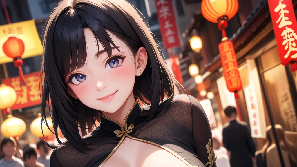 European girl portrait,alone,20-year-old,Beautiful Face,Medium Sidecut, Black Hair, Sharp focus,(China dress),Chinatown,Big Breasts,smile