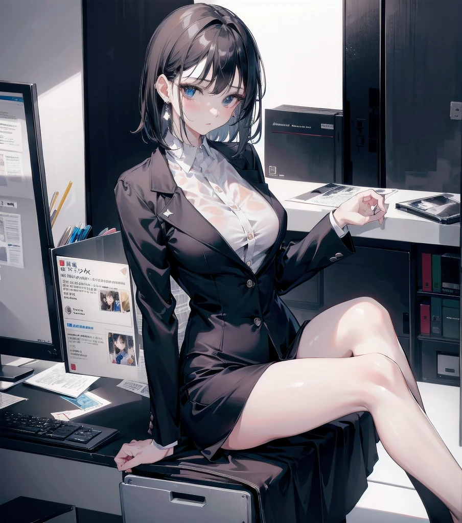 absurdres, RAW photo, extremely delicate and beautiful, masterpiece, Best Quality, ultra high resolution, 32k, hyperrealistic, ultra-detailed, in her 20s, delicate facial features, tearful mole, earring, medium breasts, full body shot, shorter middle hair, black hair, solo, alone, 1girl, (((Office Lady Suit))), ((dress shirts)), See-through, Jacket,