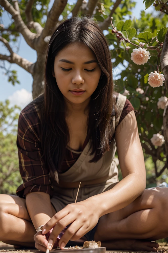 Make a realistic picture of a Thai uncle lighting incense and applying powder to ask for lottery numbers under a large gooseberry tree. Three numbers came out clearly.