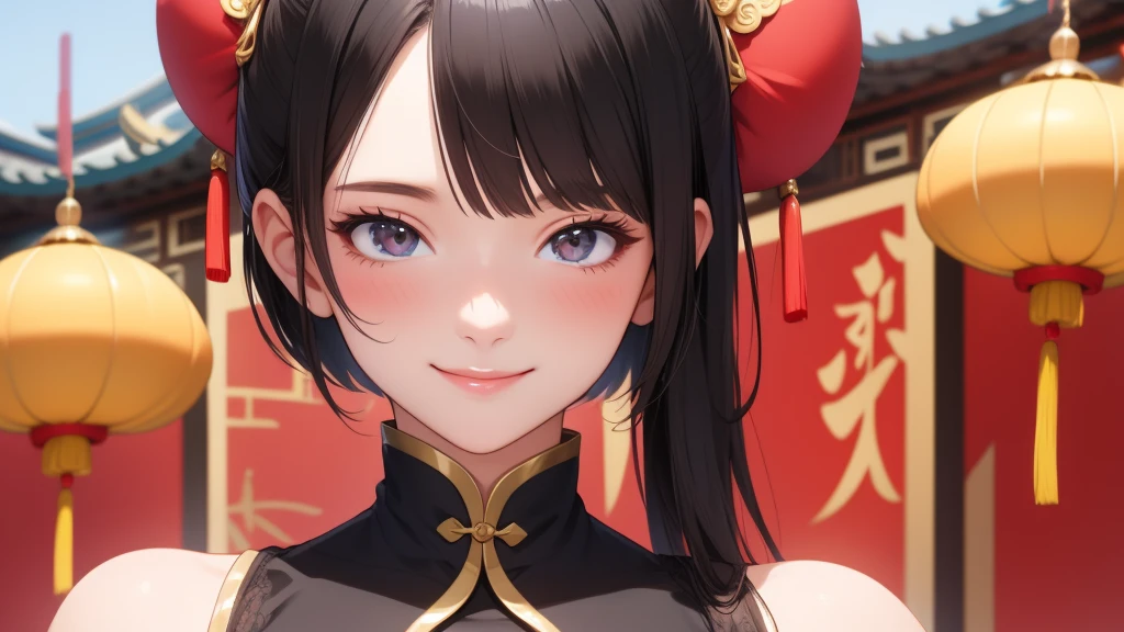 European girl portrait,alone,20-year-old,Beautiful Face,Medium Sidecut, Black Hair, Sharp focus,(China dress),Chinatown,Big Breasts,smile