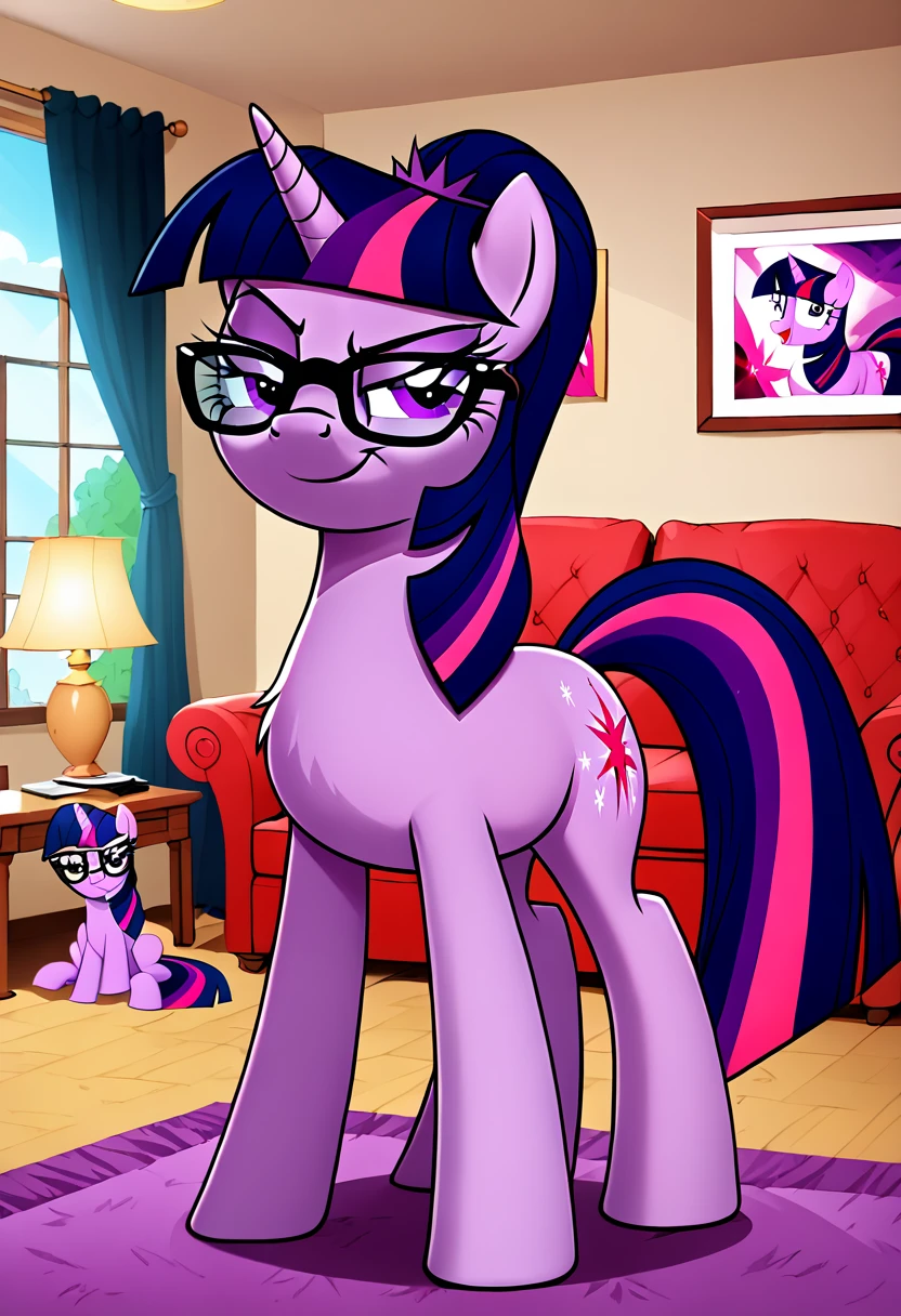 Twilight Sparkle, female, pony, ponytail, black glasses, very Shaggy fur, very soft fur, evil smug smile, in the living room