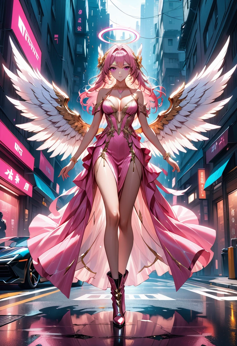 Arafed a picture of a mech cyberpunk female angel standing in at the street at night near her sports car, night, an  exquisite beautiful cyberpunk female angel  wearing dress, wearing ((intricate mech glamour pink evening dress: 1.3)), (white angelic wings: 1.2), spread angelic wings, halo over the head, small cleavage, wearing intricate diamond necklace,  wearing elegant high heeled boots,   dynamic eye color, dynamic hair color, dynamic hair style,  standing near her (sports car: 1.3), cyberpunk street t background, full body shot, (Masterpiece: 1.5), Vibrant, Ultra-high resolution, High Contrast, masterpiece:1.2, highest quality, Best aesthetics), best details, best quality, highres, ultra wide angle, 16k, [ultra detailed], masterpiece, best quality, (extremely detailed), Mechanical Creatures