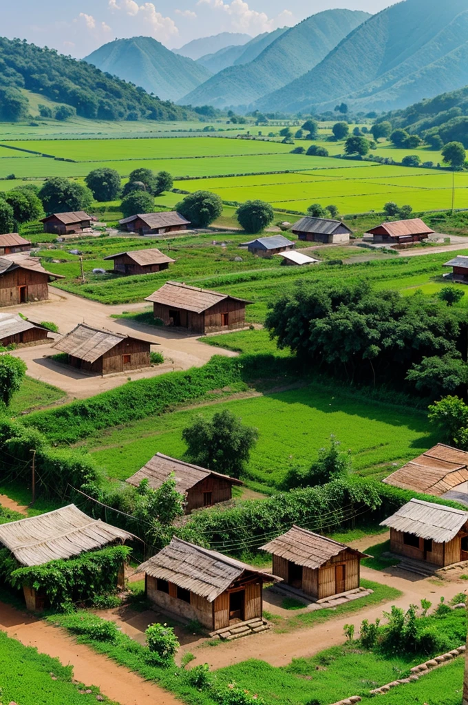 A rural Indian village with traditional houses and a few fields.
