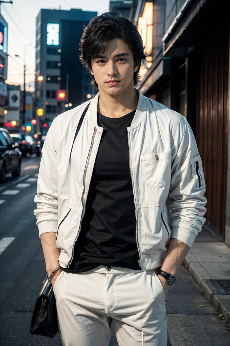 (saeba ryo city hunter )  Wearing white pants with big bulge,hand in pocket,white jacket,black shirts,