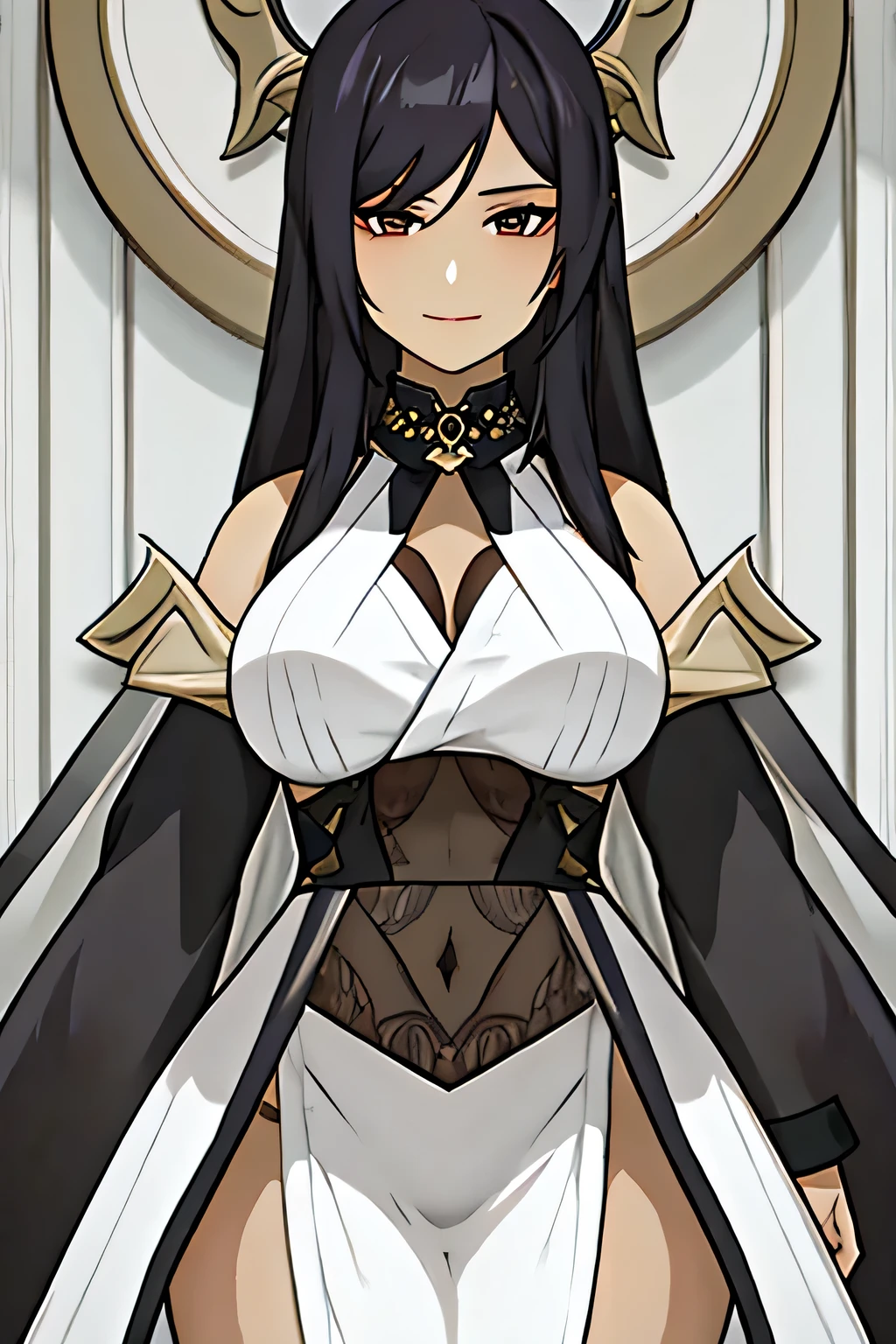 [A beautiful, sexy mature 
woman with a seductive smile and parted lips stands against a white background. Dark skin, She has sharp eyelashes, brown eyes, and long black hair with bangs. Her figure is voluptuous, with a narrow waist, broad hips, and huge breasts. The image has an impactful, Genshin-inspired style, rendered in high detail and HDR quality as a stunning work of art.]