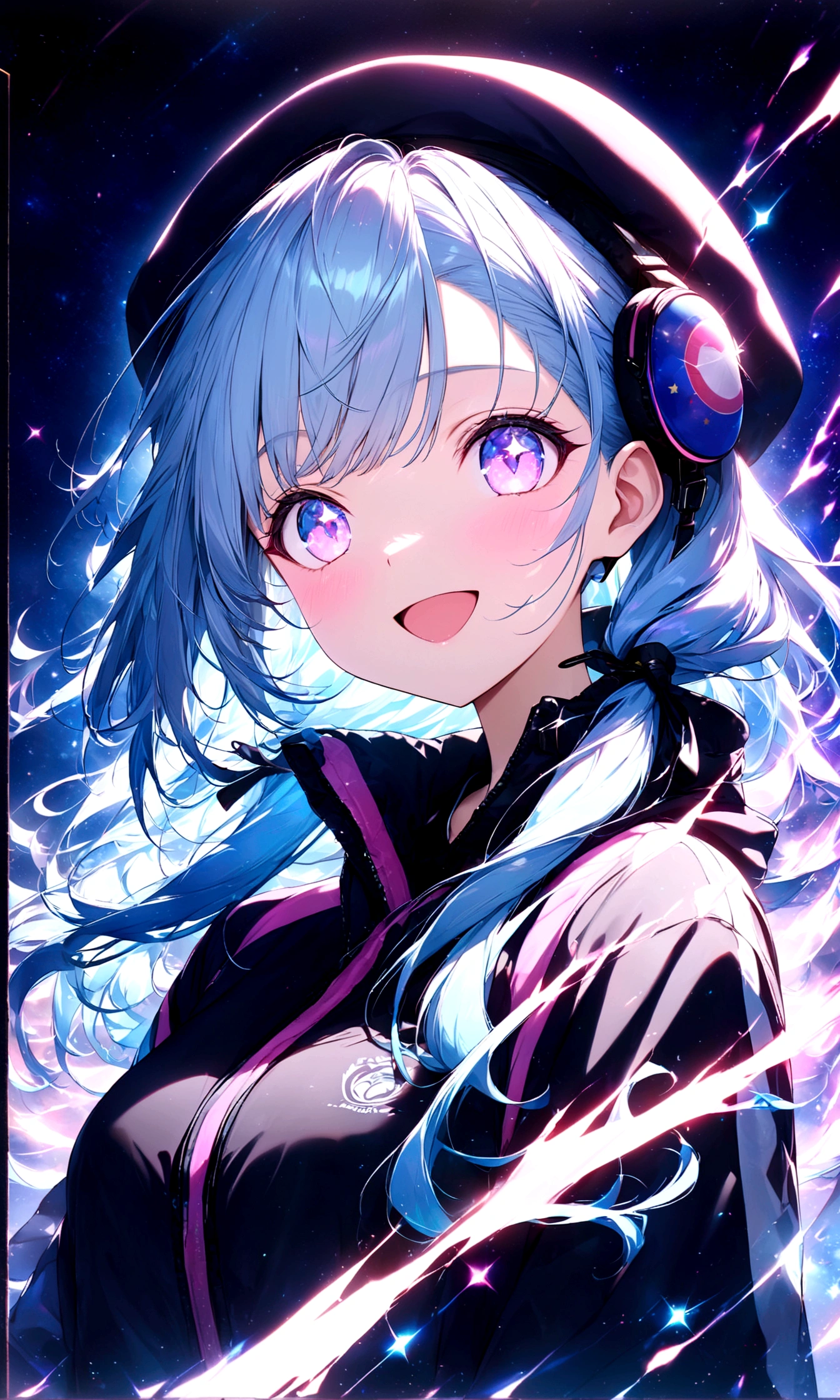anime gile portrait,kawaii,fantastic style,one beautiful girl with starry eyes,Mint blue hair, long straight, lilac eyes, smile, sportswear, surrounded by stars, eyes sparkling like stars,best quality,ultra detailed,ultra high definition,high resolution,16k,ultra vibrant,natural light,starlight,soft light,Glowing Aura,the surroundings are shining