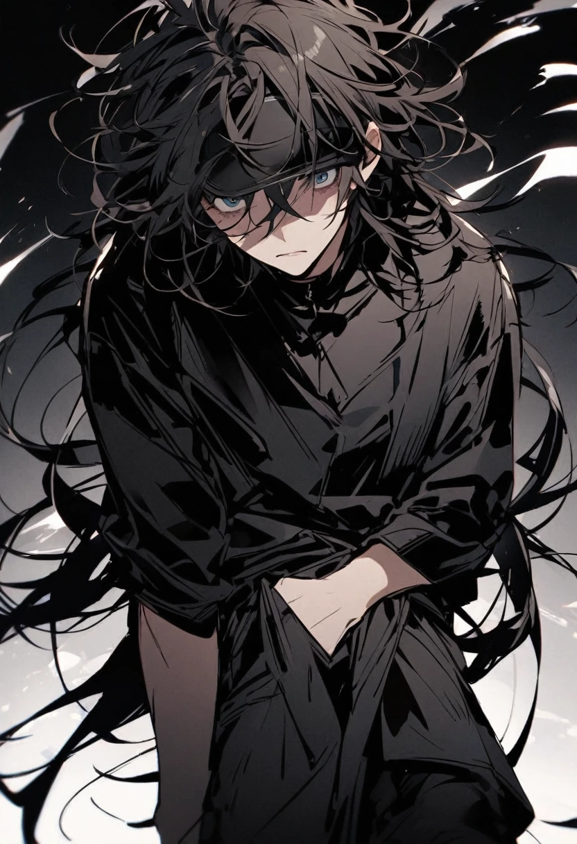 Black sun visor、boy、Black highlight hair、Messy Hair、The eyes are covered by the bangs、Black jacket、Black trousers、Black Shirt