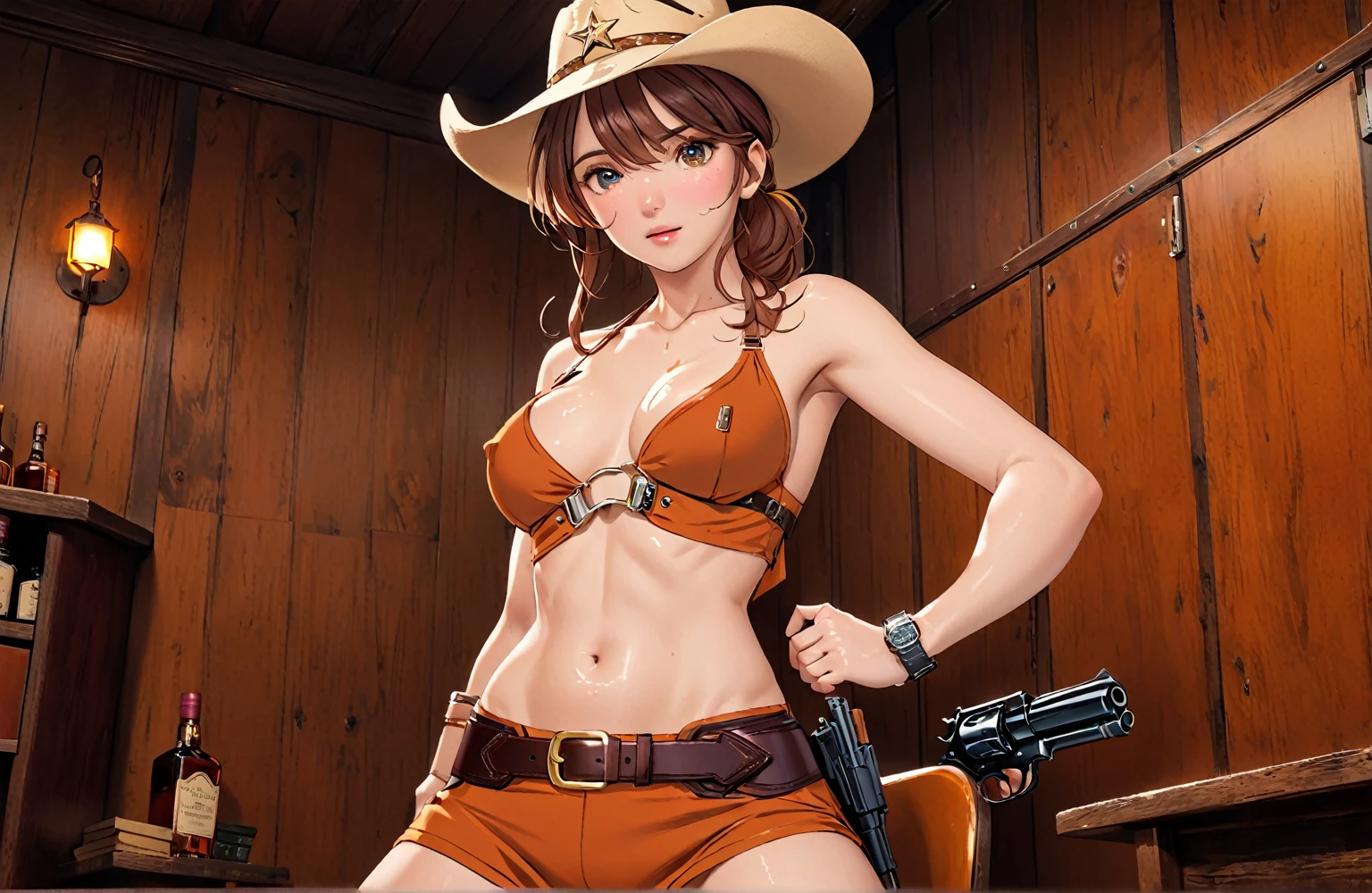 (((1 person:2.0))),(((NSFW:1.8))),((Nude:1.8))),(((naked:1.8))),(((Slim body:1.8))),(((Brown gun belt with holster:2.0))),(((Gun in holster:2.5))),((Brown cowboy hat:1.8)),((Wear a wrist watch:2.5))),(((Showing cleavage))),(((Exposed thin inner thighs))),(((Small breasts:1.5))),(((nakedの腕))),(((Her hair is black))),((Blushed:1.2)), Beautiful detailed girl, Very detailed目と顔, 緻密でBeautiful Eyes, Very detailed, High resolution, Highest quality, masterpiece, Very detailed, 8k wallpaper, wonderful, finely, Highest quality,(Standing in front of a wooden wall),Beautiful Eyes,((Engage your audience:1.2)),(((Full Body Shot:2.0))),((Low - Angle:1.2)),((Put your right hand on your chest:1.5)),((Drinking whiskey:1.4)),(((Drunk,Have severe hiccups:1.5)))