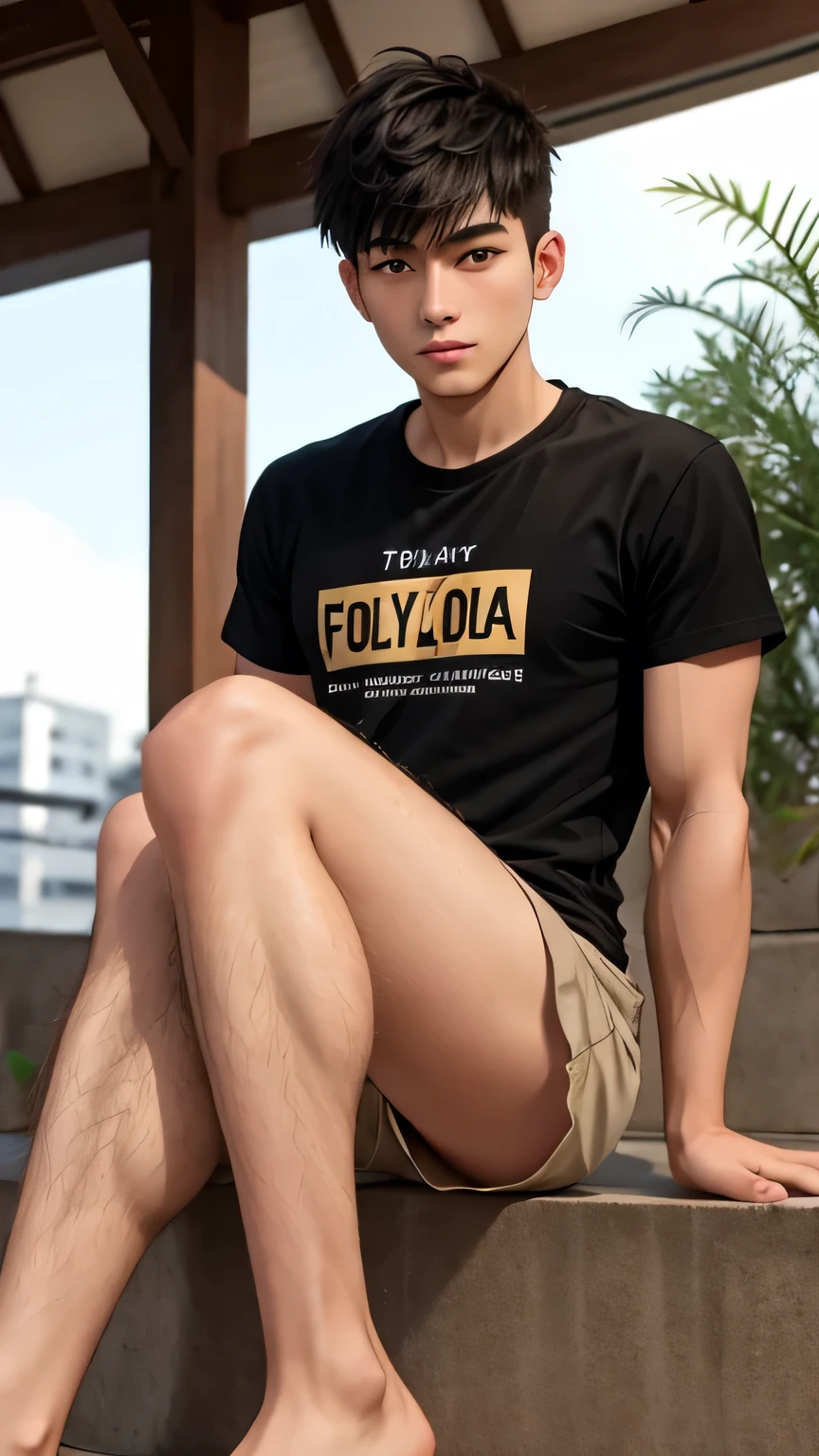 ((super sharp focus)), ((((hairy legs)))), hairy legs, toned legs, whole body, two block, Messy short hair, long legs, Japan male, 27 years old, wearing beige shorts, wearing a black T-shirt, very short hair, black hair