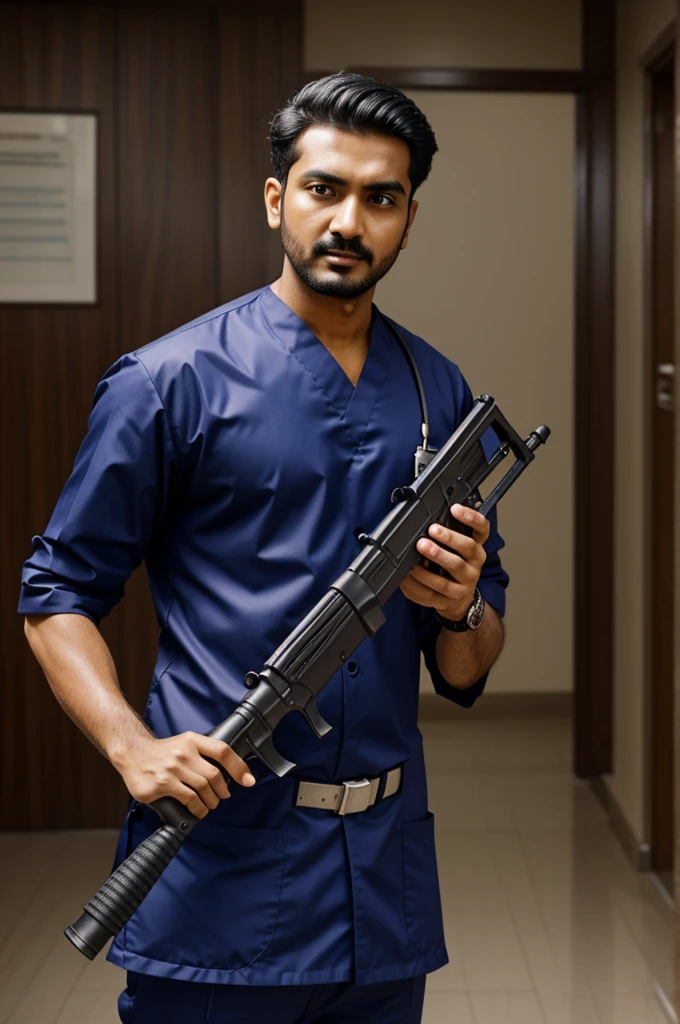 Simi doctor with a submachine gun
