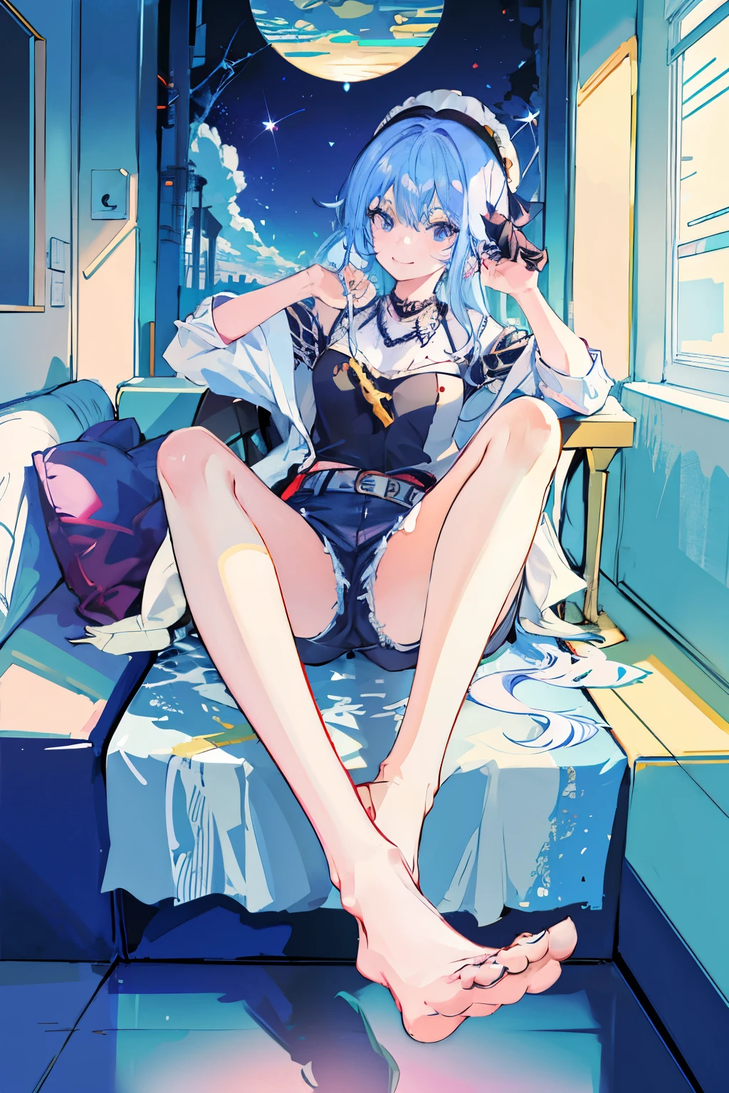 Best masterpiece, anime coloring, ultra-detail, 8k、((Sitting on the open corridor))、summer, morning, sun、White off-shoulder jeans with shorts、from below、looking down、smile,