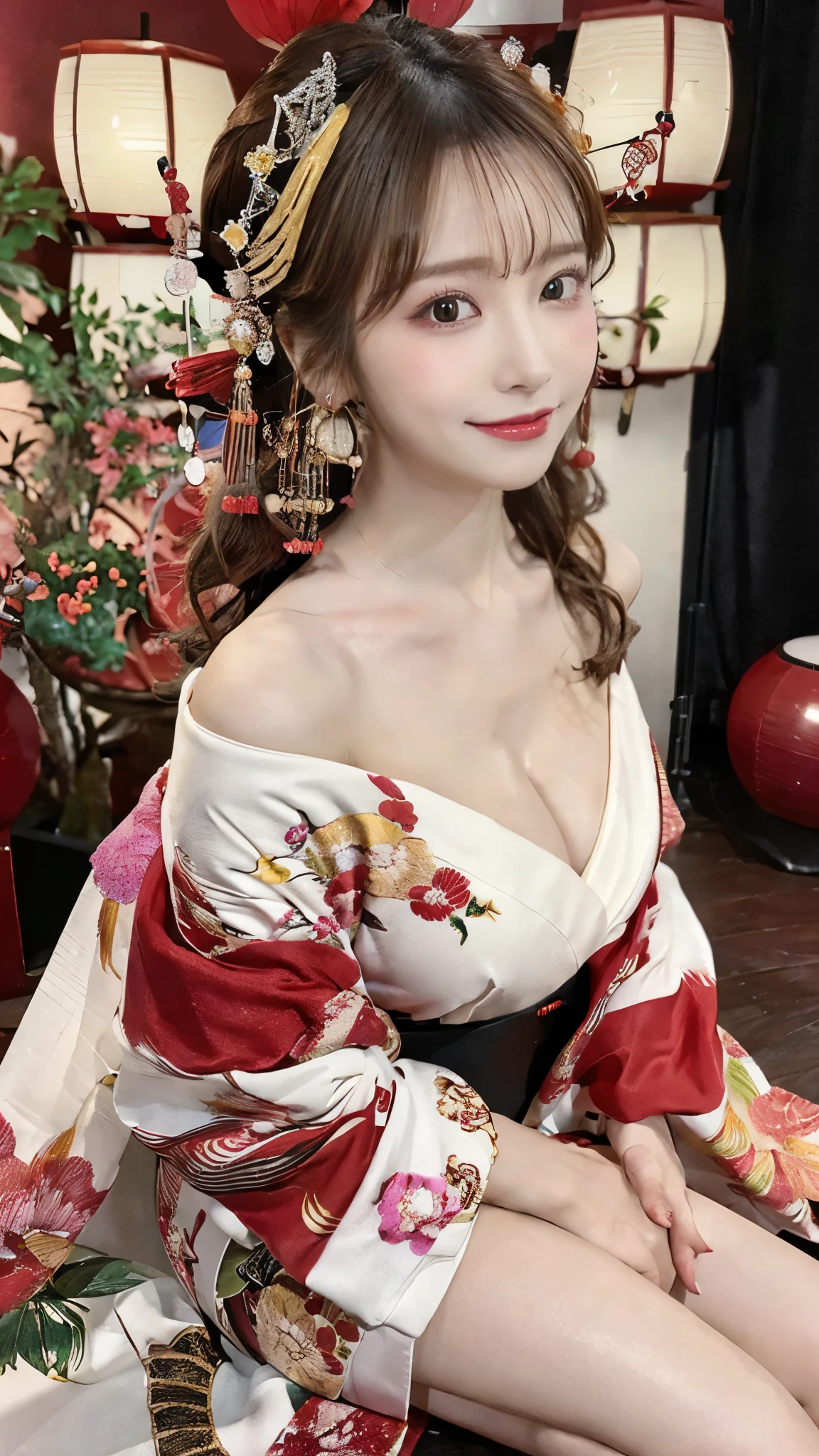 (Detailed skin:1.2),(Shiny skin:1.1),8K,Highest quality, masterpiece, Ultra-high resolution,(Realistic:1.4), RAW Photos,(Soft saturation:1.3),(Fair skin:1.2),Half-Japanese beauty,repair,20 years, Light brown hair, (Up-Hairstyles:1.2), Asymmetrical Hair, (Pretty face:1.4), (Large Breasts, Tight waist), Beautiful lighting, ( Oiran:1.2,),Highly detailed face, Highly detailed lips, fine grain, double eyelid, (Sharp focus: 1.2), (Perfect Anatomy),(Beautiful woman with perfect figure: 1.2)、Exposing cleavage、Random sexyes,(Accentuate your leg lines:1.2)、kimono、Sharp Eyes,smile、Gorgeous hair ornament、Japanese style background