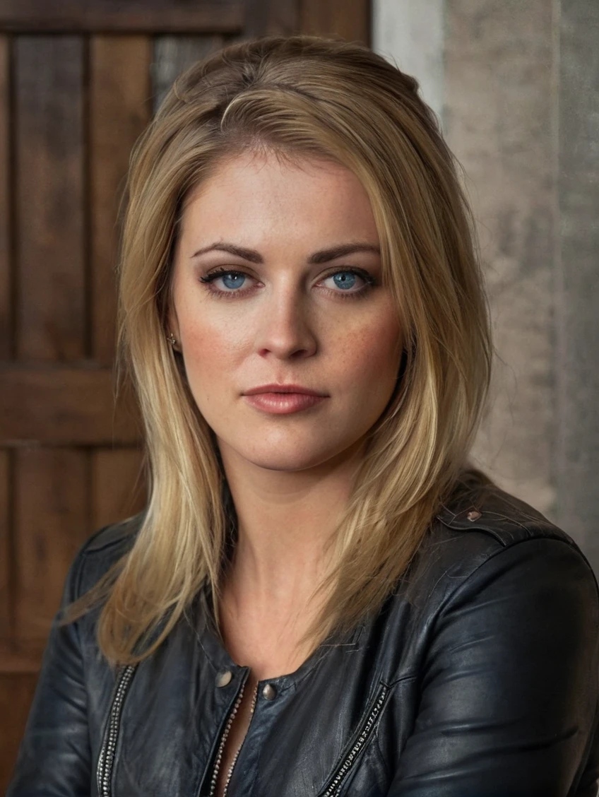 a beautiful picture of s4br1n4, masterpiece, photorealistic, woman, detailed, 4k, HDR, backlighting, light, RAW color photo,(fully in frame:1.1), detailed skin texture, (blush:0.5), (goosebumps:0.5), blonde  wearing a leather jacket,blue eyes 