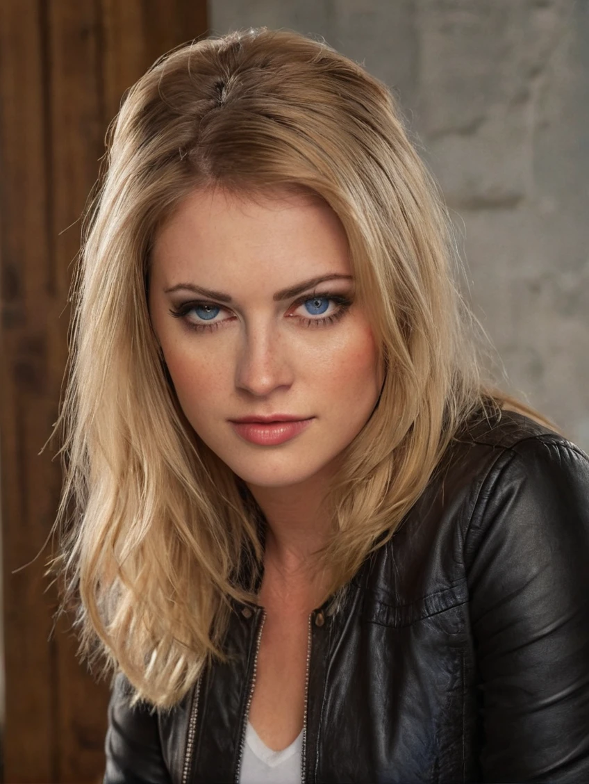 a beautiful picture of s4br1n4, masterpiece, photorealistic, woman, detailed, 4k, HDR, backlighting, light, RAW color photo,(fully in frame:1.1), detailed skin texture, (blush:0.5), (goosebumps:0.5), blonde wearing a leather jacket,blue eyes