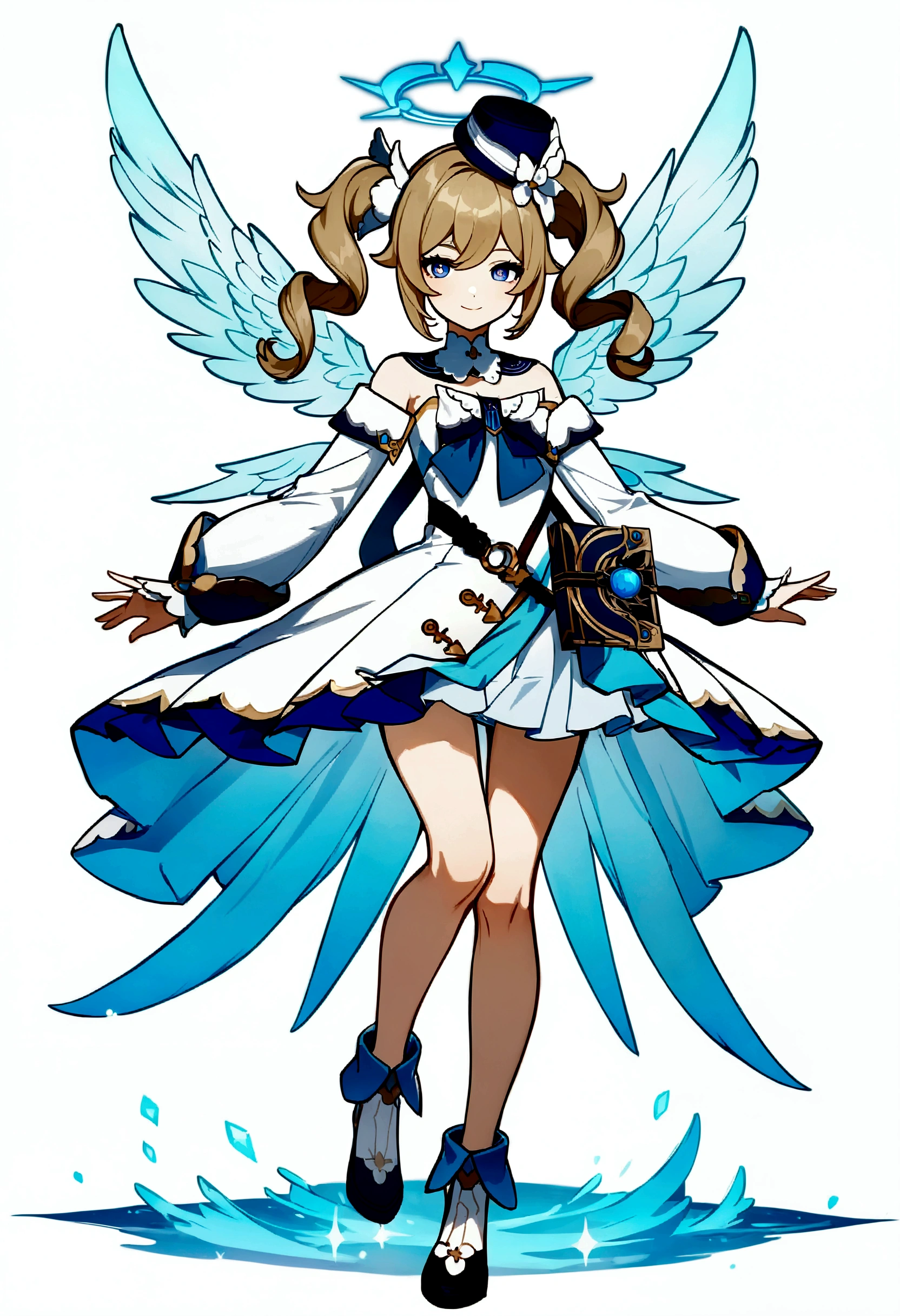 barbara_\(genshin_impact\), barbara, genshin impact, blonde short hair, twintails, wavy hair, white dress, ribbon, tube top, frills, beautiful detailed blue eyes, small breasts, cocktail hat, frill choker, chest riboon, long sleeves, smile, Concept Art, intricate detail, beautiful detailed, full body, best detailed girl, depthoffield, falling from the sky, beautiful detailed fullbody, single human girl, long bangs, hairs between eyes, extremely beautiful detailed anime face and eyes, seductive smile, bright pupils, human hands, flat chest best quality, slim legs, angel halo, angel wing, white idol dress, white Clothes, lighting particle, grand space, beautiful detailed glow, holy, beautiful and aesthetic, extremely detailed, best quality, extremely detailed CG,