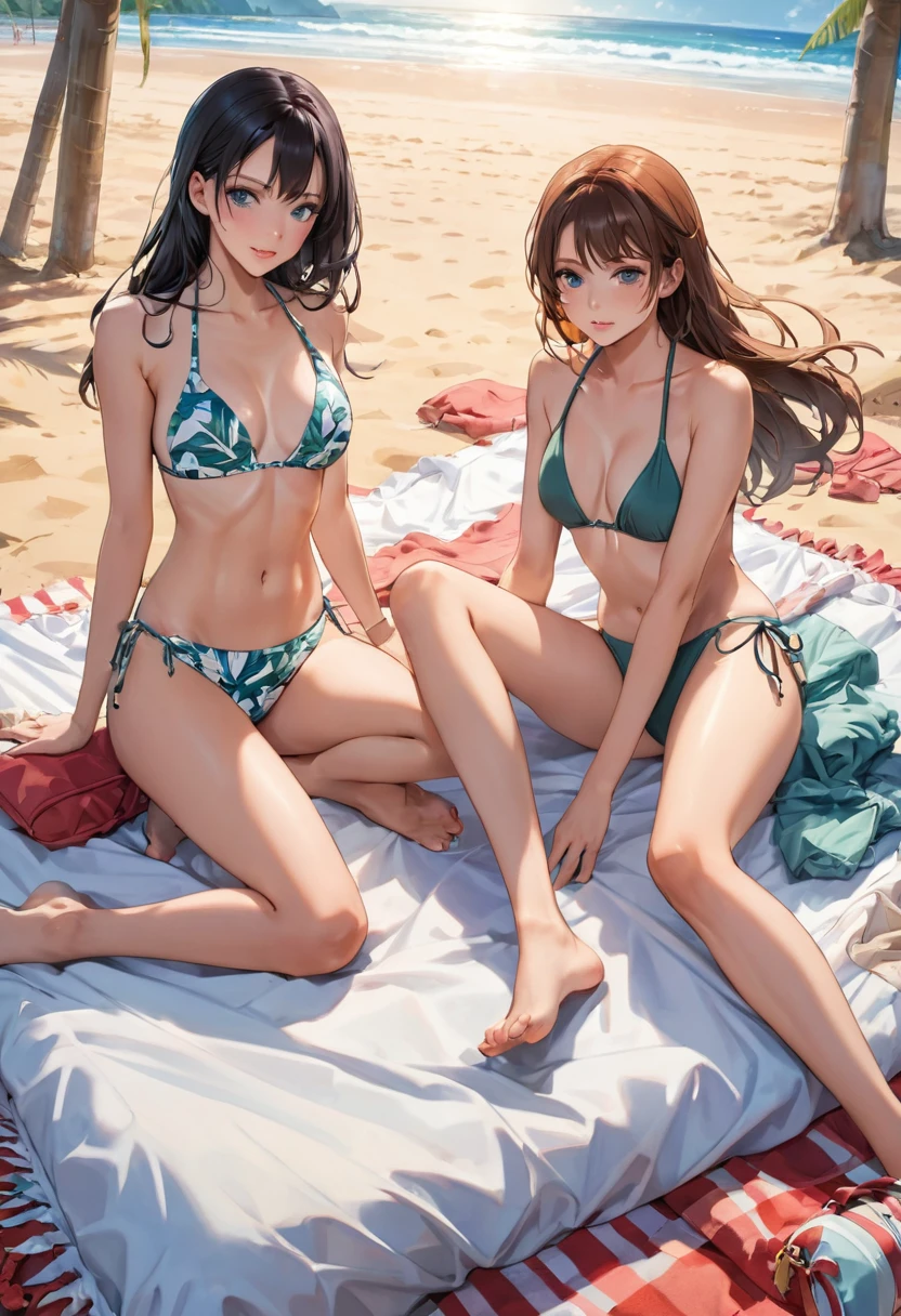 there are two women in bikinis sitting on a blanket Dans l&#39;herbe, having fun dans le soleil, corps poilus, wet corps poilus, very corps poilus, laying down Dans l&#39;herbe, dans le soleil, Dans l&#39;herbe, porter un maillot de bain deux pièces, Faune, posant ensemble en soutien-gorge, charli bowater et artgeem, un jour ensoleillé