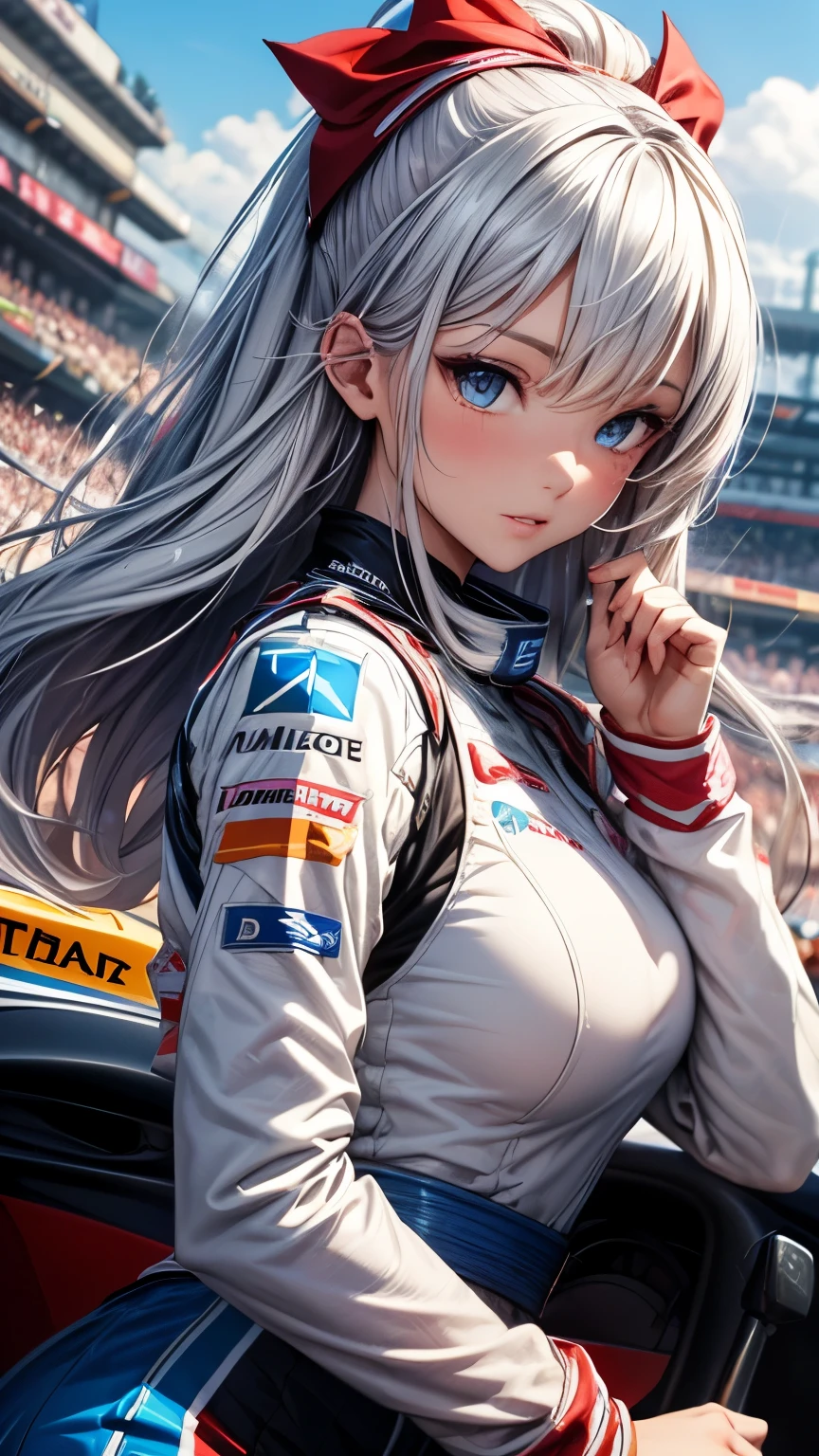 Highest quality, Super quality, 16K, Incredibly absurd, Very detailed, 2.5D, delicate and dynamic, blue sky, Confetti, Racing Car, Flag, Small face, Extremely delicate facial expression, Delicate eye depiction, Extremely detailed hair, Upper body close-up, erotic, sole sexy Japanese lady, healthy shaped body, 22 years old lady, Race Queen, huge firm bouncing busts, white silver long hair, sexy long legs, Glowing Skin, , 派手なRace Queenのコスチューム, blue tight skirt, white leather long boots, Formula 1, Auto Racing Track