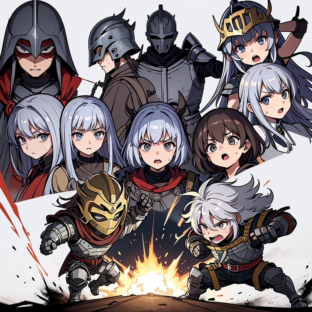 (Chibi Character)、((Full body character concept, Detailed character design、30 people))、Highest quality, Best Quality,Best illustrations、(((Iron Mask、Iron helmet))),Medieval Armor、Medieval Knight、Full grey armor、(((20-year-old male)))、(battle)、battlefield、Movement angle、Grab the sword、wasteland、(Fighting stance)、Run、dash、(((White background)))、(multiple)、early、(get annoyed、Open your mouth、Sweat、Various expressions)
