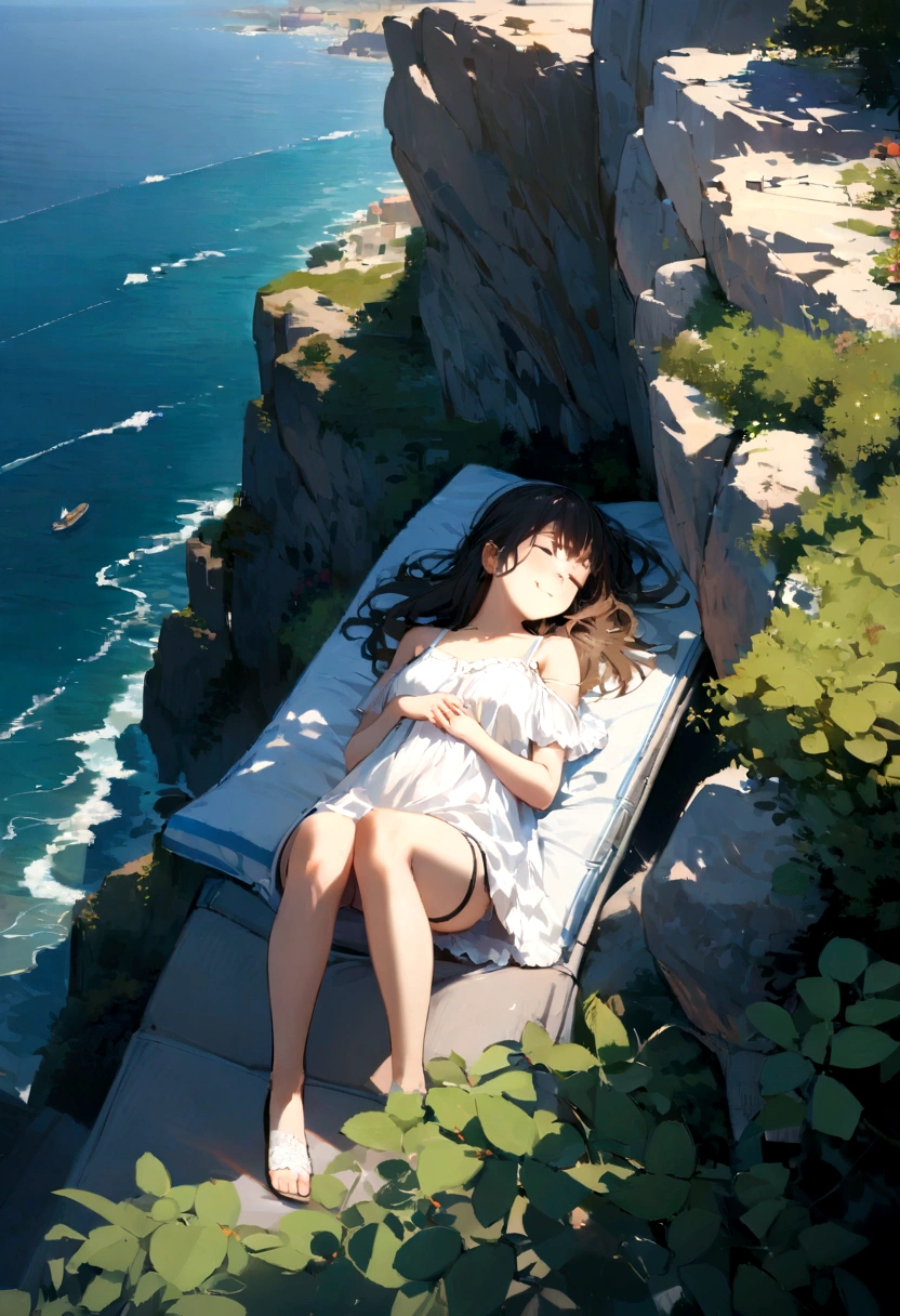 (best quality, masterpiece, ultra highres, ultra-detailed:1.2) ,(girl sleeping in the sun),tween,closed eyes,lie down,smile,soft lighting,The background features rocky cliffs overlooking the sea, boats floating on it, green plants, (from above),and sunlight shining through them onto her face. wearing camisole. creating a warm atmosphere.(Capri, Italy),(claude monet:1.3)