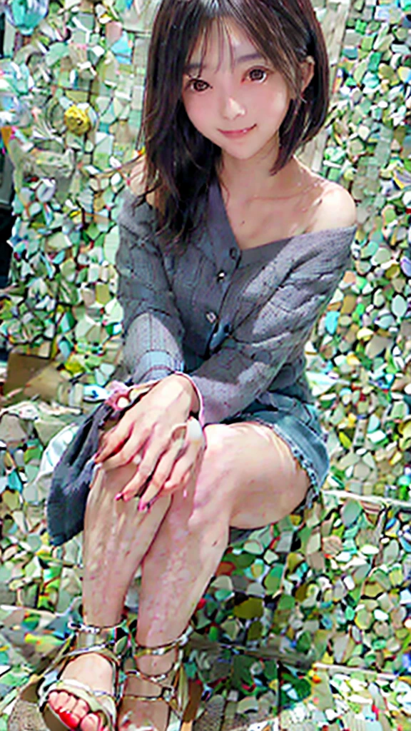 High resolution, Highest quality, Perfect dynamic composition, Beautiful attention to detail, Off the shoulder、Shiny Hair、Medium Hair, Natural color lip, university student、Harajuku、smile、Crouching、M-shaped feet