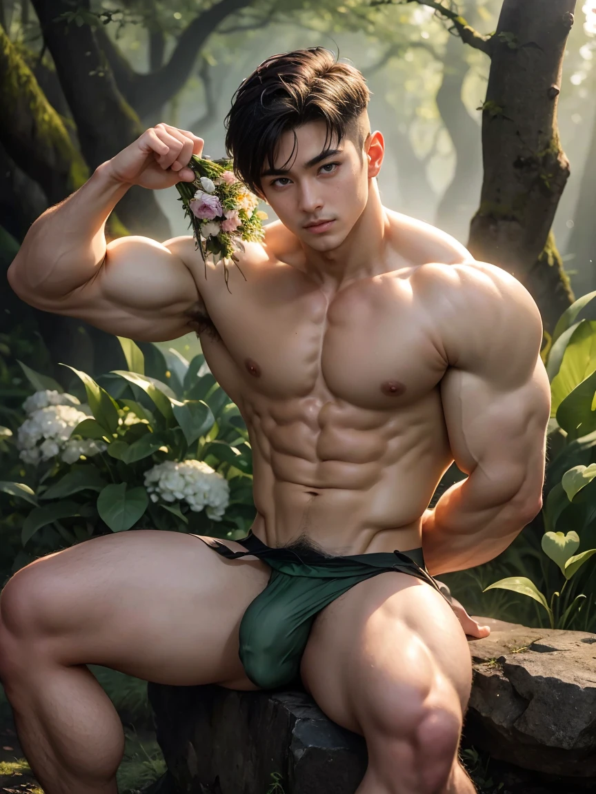 (Ultra current),Detailed current,A handsome Asian muscular young man, Guardians of the Forest, godly presence, young god, 18yr old, care for plants, The beautiful, Smooth dark brown hair, Detailed eyes, largeeyes, green-eyed, Warm and flexible ssmile, large muscle, Wear a loincloth, big Convex, Convex, current, tmasterpiece, Best quality at best, Perfect lighting, Perfect hands, , hairy bodies, Abdominal hair, Armpit hairy, Chest hair, (, current skin, Olive skin), Blackening, Outdoor activities, Dark Enchanted Forest, glowworm, bioluminescent mushrooms,(8K resolution),Physical Education Student,cool guy,chest muscle,brush cut,largeeyes Meiryo Arikami,((ssmile)),standing naturally,Holding a bunch of wild flowers in hand,sitting on the stone
