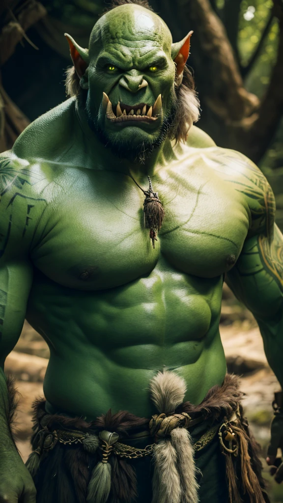 Young orc, big fangs, (green skin) , peaceful expression, dirty clothes and hair, wool and fur clothes, bone jewelry, forest background, natural lighting, tribal tattoos, big body, highly detailed, 4k, photorealistic, dramatic lighting, cinematic, fantasy art, ultra high quality, sharp Focus, orczor, hewoworc