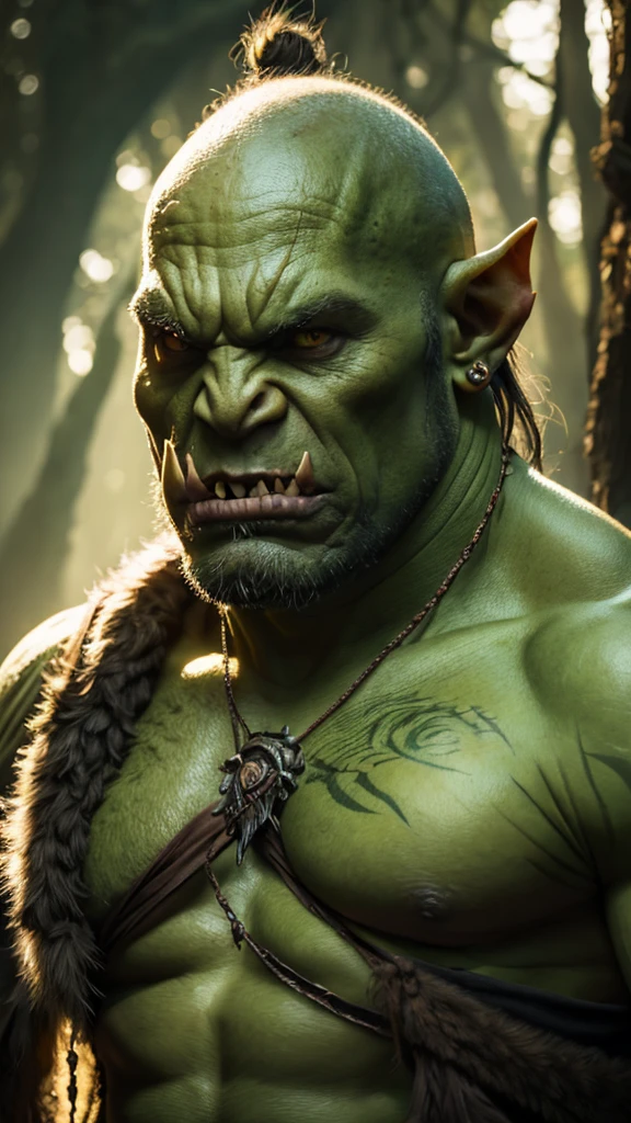 Young orc, big fangs, (green skin) , peaceful expression, dirty clothes and hair, wool and fur clothes, bone jewelry, forest background, natural lighting, tribal tattoos, big body, highly detailed, 4k, photorealistic, dramatic lighting, cinematic, fantasy art, ultra high quality, sharp Focus, orczor, hewoworc