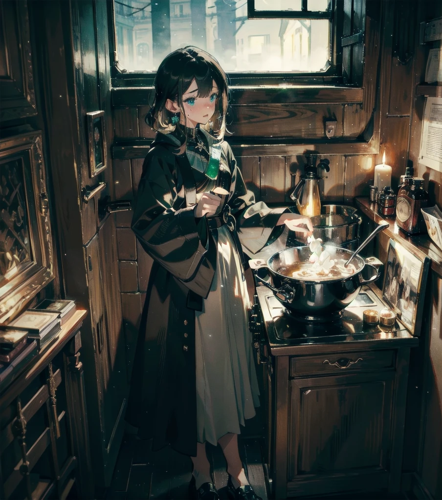 absurdres, RAW photo, extremely delicate and beautiful, masterpiece, Best Quality, ultra high resolution, 32k, hyperrealistic, ultra-detailed, in her 20s, delicate facial features, tearful mole, earring, medium breasts, full body shot, shorter middle hair, black hair, solo, alone, 1girl, a beautiful witch in her alchemist room, working on her project with a steaming cauldron filled with green glowing smoke, against the backdrop of a fantasy night with a full moon and a view from the window, dressed in a traditional witch outfit,