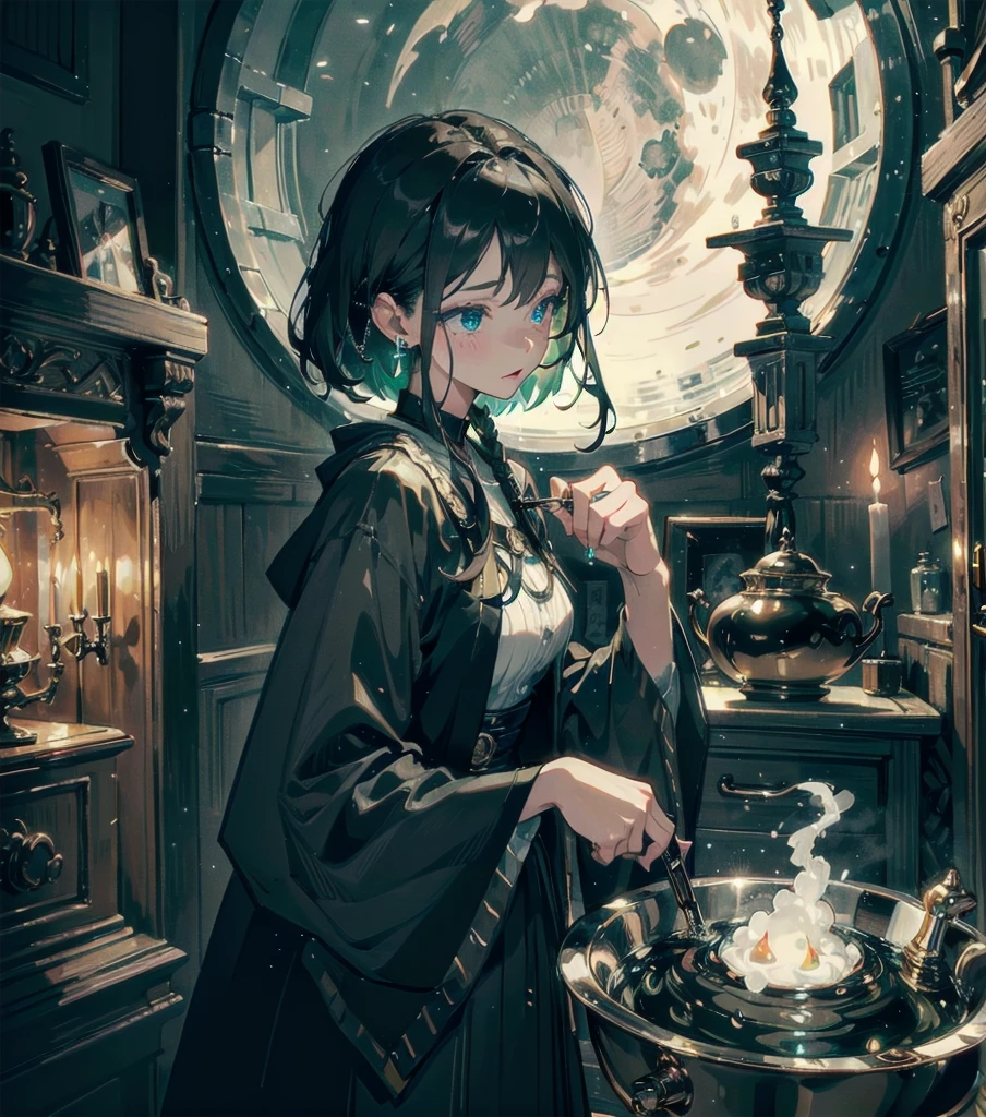 absurdres, RAW photo, extremely delicate and beautiful, masterpiece, Best Quality, ultra high resolution, 32k, hyperrealistic, ultra-detailed, in her 20s, delicate facial features, tearful mole, earring, medium breasts, full body shot, shorter middle hair, black hair, solo, alone, 1girl, a beautiful witch in her alchemist room, working on her project with a steaming cauldron filled with green glowing smoke, against the backdrop of a fantasy night with a full moon and a view from the window, dressed in a traditional witch outfit,