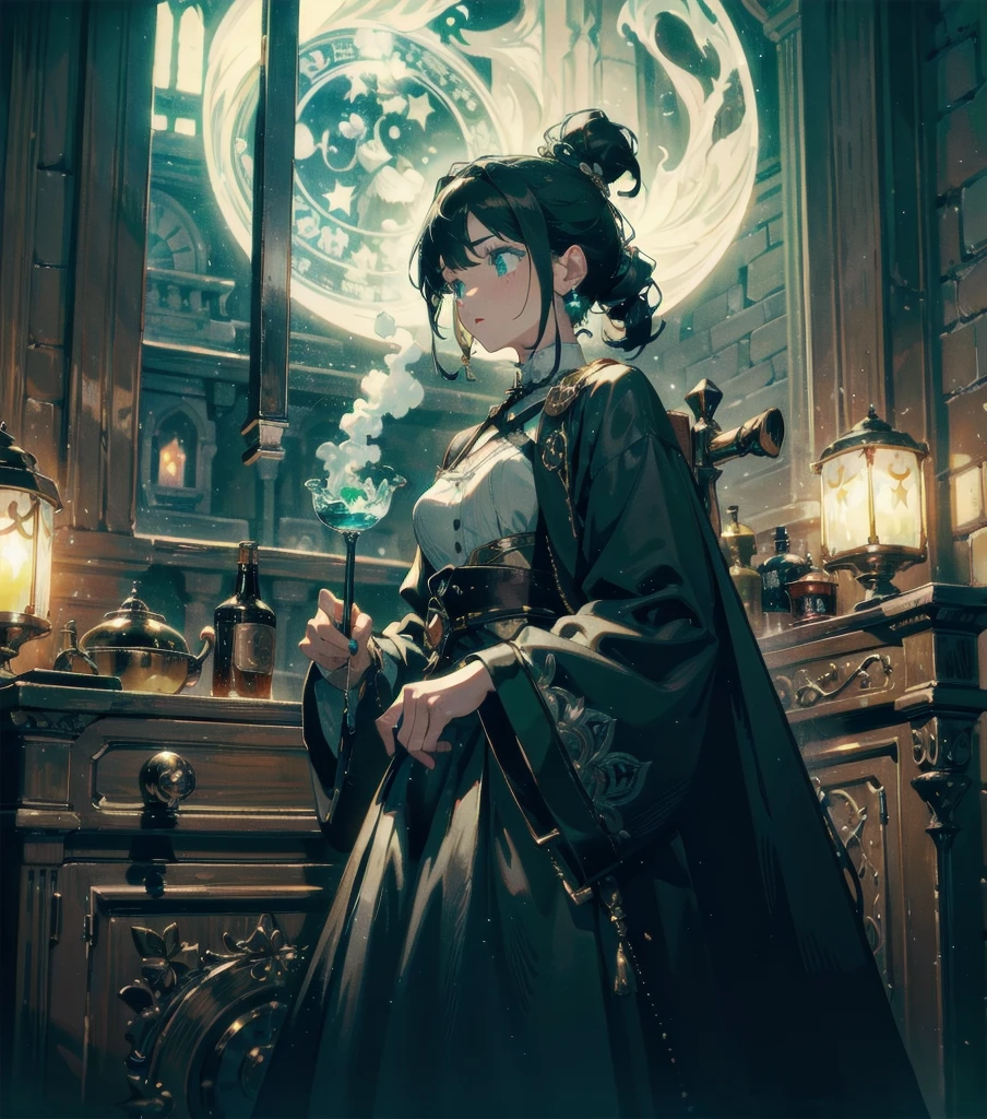 absurdres, RAW photo, extremely delicate and beautiful, masterpiece, Best Quality, ultra high resolution, 32k, hyperrealistic, ultra-detailed, in her 20s, delicate facial features, tearful mole, earring,  medium breasts, full body shot, shorter middle hair, black hair, solo, alone, 1girl, a beautiful witch in her alchemist room, working on her project with a steaming cauldron filled with green glowing smoke, against the backdrop of a fantasy night with a full moon and a view from the window, dressed in a traditional witch outfit,
