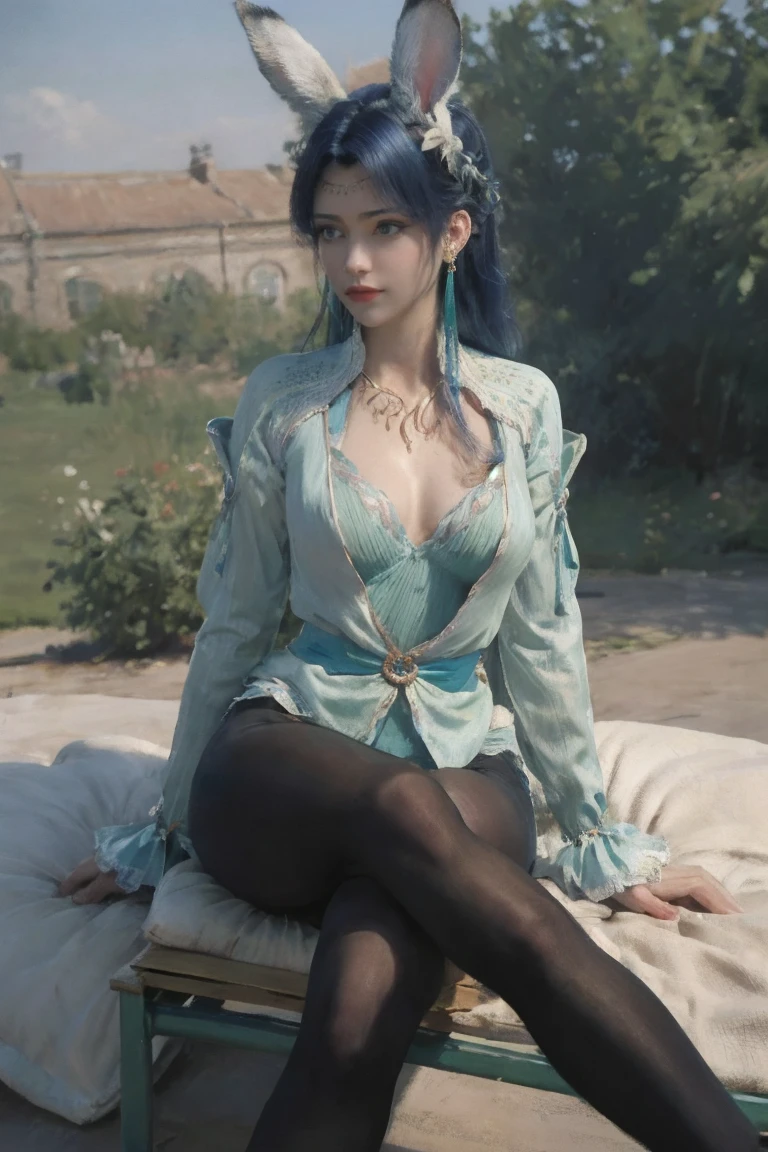 best quality, High resolution, Unique image, 1 girl, armpit, Put your arms behind your head, Bangs, bare shoulders, blue footwear, blue hair, blue tights, braid, Chest, brown lift your legs, shut your mouth, bench, cover navel, curtain, Split collar, earrings, Eyebrows visible through hair, fake Animal ears, gradient hair, green eyes, High heel, high legs, high legs tights, huge Chest, jewelry, large Chest, tights, light blush, looking at the audience, messy hair, colorful hair, on bench, Pillow, short hair, side lock, sitting, alone, swept Bangs, lift your legs, change through