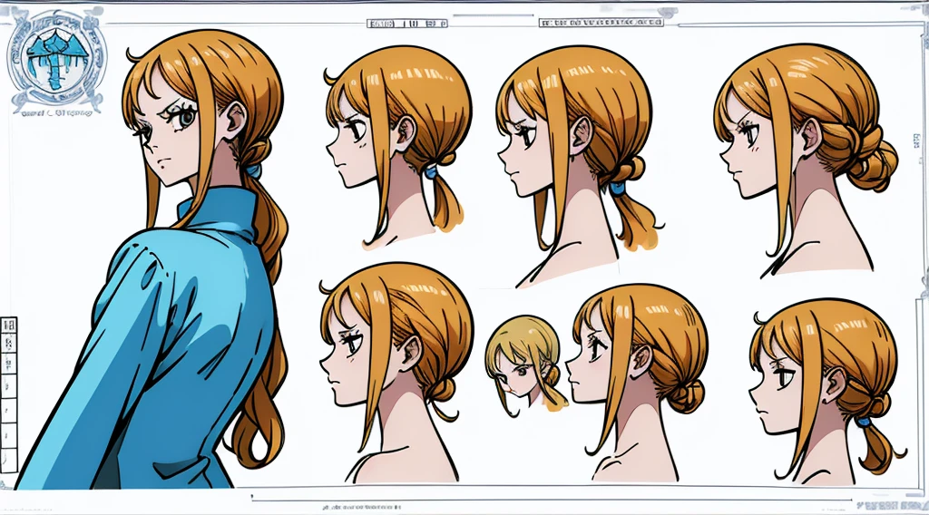((Best Quality)), ((Masterpiece)), ((Realistic)) ,(((detailed character sheet, frontal view, side view, three quarter view))) white background、one piece、Nami、whole body、whole bodyイラスト、whole bodyアニメーション、whole bodyリファレンスシート