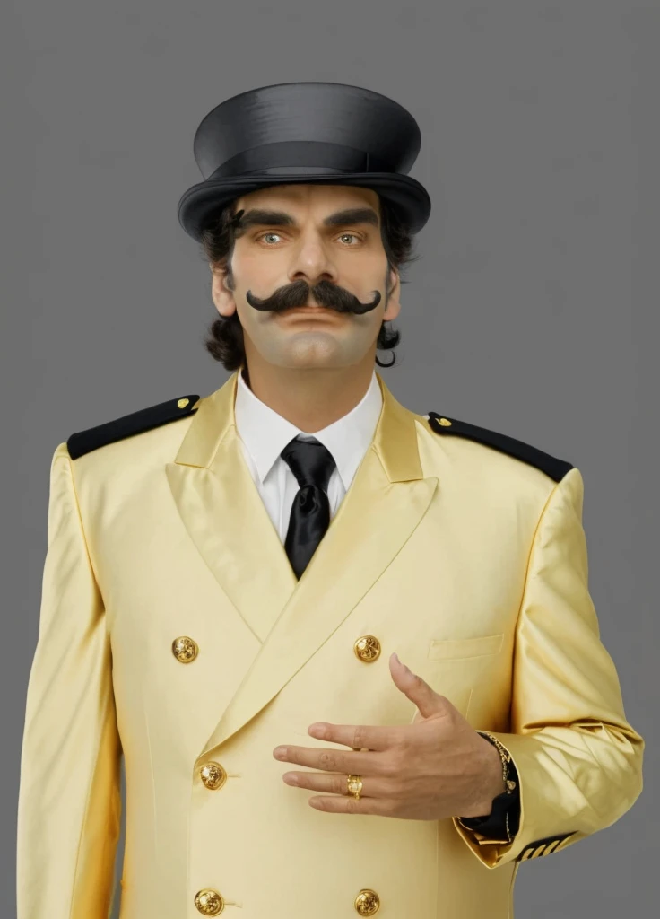 there is a man in a suit and top hat, drdisrespect posing as napoleon, he is wearing a top hat, Dom Ramon, waluigi as a real person, drdisrespect like napoleon, Raj Koothrappali como Saul Goodman, top hat and luxurious moustache, big mustache, with a mustache, in a golden suit, coloured background