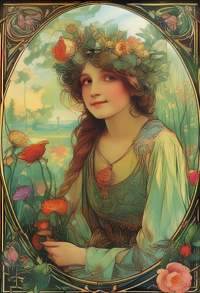 (best quality,4k,highres,ultra-detailed,masterpiece:1.2),Alfons Maria Mucha style illustration,lush garden with vibrant flowers,intricate botanical details,ornate Art Nouveau patterns,whimsical elegance,vibrant colors and natural beauty,pastel shades and gold accents,serene expression,(plant line art:1.3),(curvilinear forms:1.3)