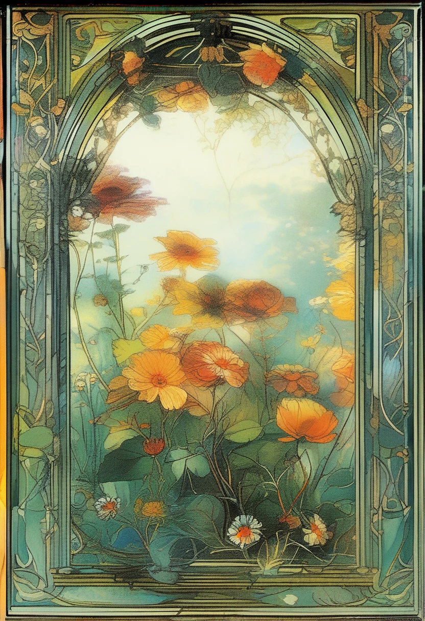 (best quality,4k,highres,ultra-detailed,masterpiece:1.2),Alfons Maria Mucha style illustration,lush garden with vibrant flowers,intricate botanical details,ornate Art Nouveau patterns,whimsical elegance,vibrant colors and natural beauty,pastel shades and gold accents,serene expression,(plant line art:1.3),(curvilinear forms:1.3)